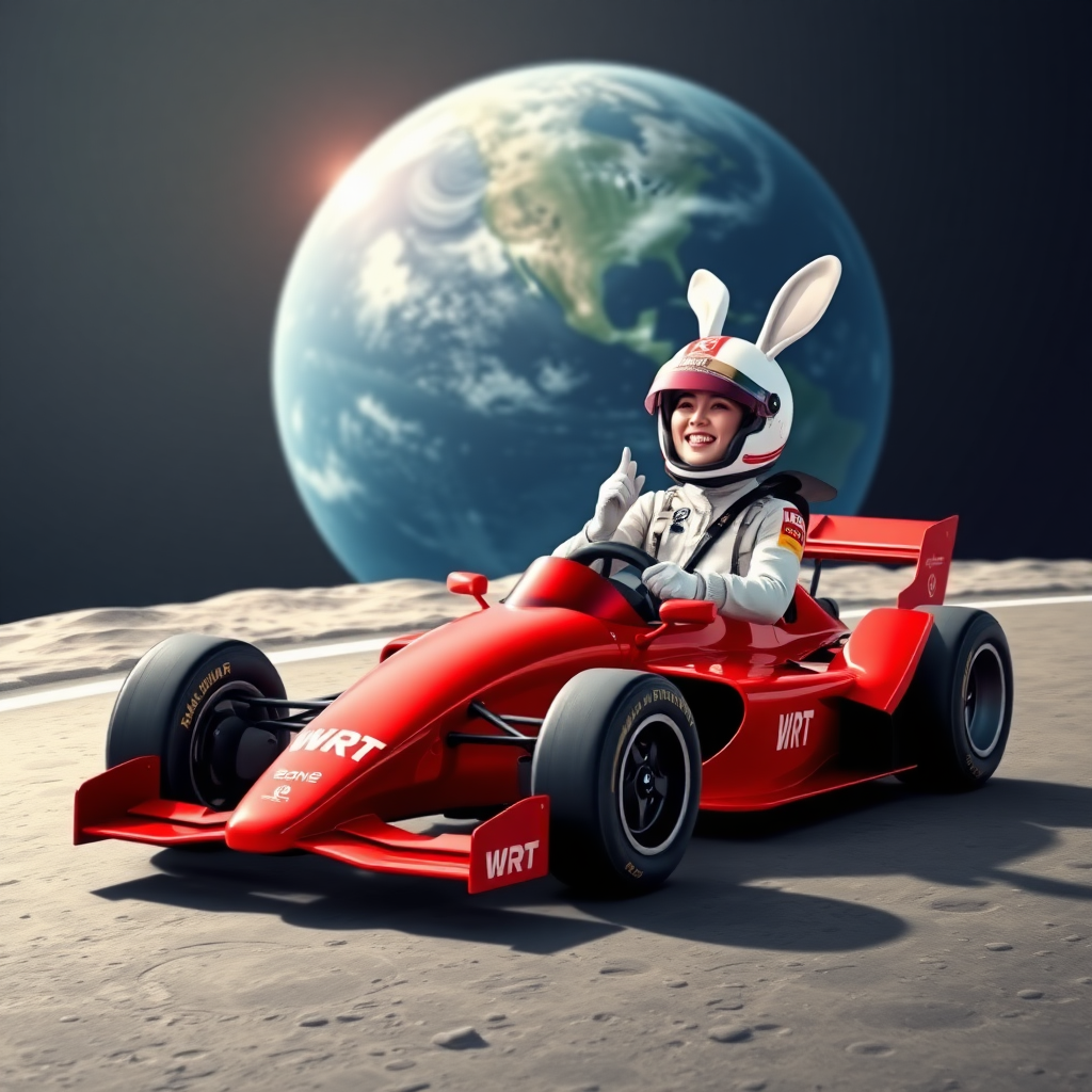 On the moon, there is a flat racetrack with a red Formula One car that has "WRT" written on it. A beautiful Chinese female race car driver, wearing a racing helmet adorned with white rabbit ears, is laughing and waving one hand while gripping the steering wheel with the other. In the background is a huge blue Earth.