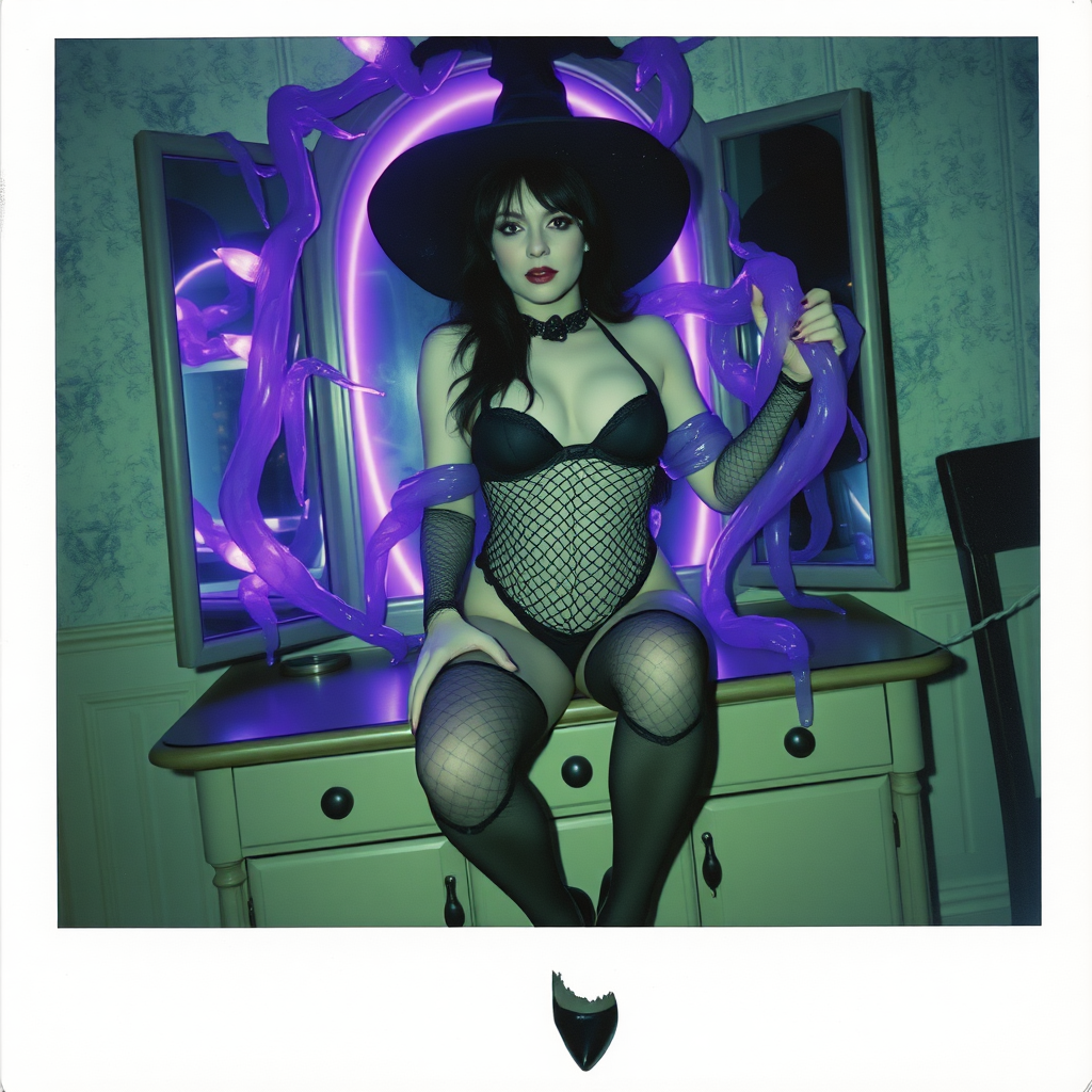 Scan of an nsfw old polaroid photograph with visible wear and heavy vignetting and blue color tint and light leaks, depicting a sexy pale curvy alt goth girl with black hair wearing skimpy fishnet black bodysuit and gstring revealing her nipples and wearing black stockings and high heels, sitting on a builtin vanity with mirror in old house with wallpaper on walls with her knees spread apart. Camera flash used. Dark lighting. Moody and hazy. Grunge look. Erotic. Nude. Pink Christmas Lights on wall. She is wearing a witch hat and is being restrained by giant glowing translucent slimy jello like purple vines dripping goo coming from inside glowing purple portal in the mirror, wrapping tightly around her arms and legs and torso. The vines are pulling her back towards the mirror.