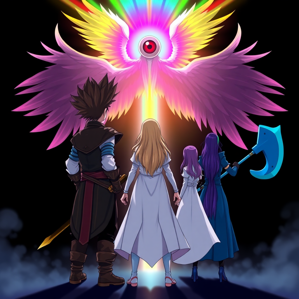 (Anime-styled art) Set against a dark black backdrop, a radiant, rainbow-like barrier shimmers with vibrant hues, illuminating the scene. At the center, a massive entity looms—an unsettling yet angelic figure with a single, malevolent eyeball. Its four wings are spread wide, and its gaze is fixed downward. In the foreground, the badass backside view of a warrior with dark brown fohawk hair stands confidently, gripping a rainbow-colored sword. Alongside him, three others stand ready backside: a mage with long blonde hair in flowing white robes, a fierce purple-haired warrior wielding a massive blue axe backside, and a woman with striking green hair, completing the team as they face the menacing presence.