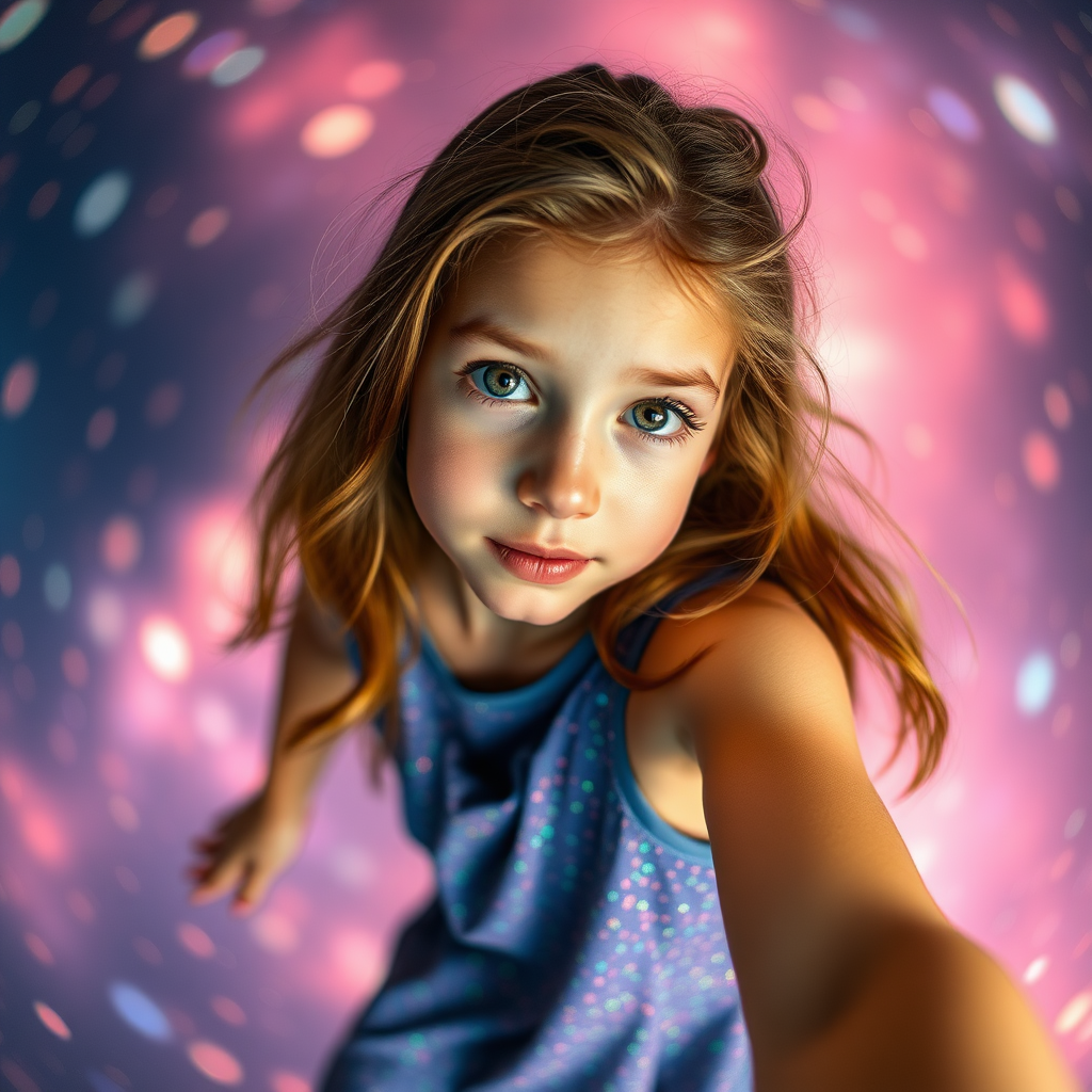 preteen girl in dynamic pose, full body shot, dreamscape, nebula, Bokeh, abstract, brilliant colors, glittering, translucent, iridescent, natural skin, glowing, artistic photo, wide angle, cute, interesting, microscopy, airy, original, experimental, refraction