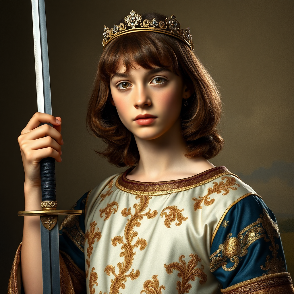 16yo teen boy prince holds his one small sword in a scabbard in his left hand by the hilt, long bob cut, embroidered with gold and diamonds medieval cloths, diamond diadem, natural Skin Texture, visualization of embossed Skin using the play of light and shadow. Free style by 50% Adolphe William Bouguereau and 15% Sandro Botticelli and 35% Otto Lomüller, The background is in the style of landscape style by Antonio del Polaiolo. Studio lighting, professional lighting. Generating the signature at the bottom: FluxBach. 16yo teen boy prince, left hand, holds, the hilt of the sword small sword, scabbard, ultra high resolution, 16K, ultra detailed photograph, 'lightgoldenrodyellow'