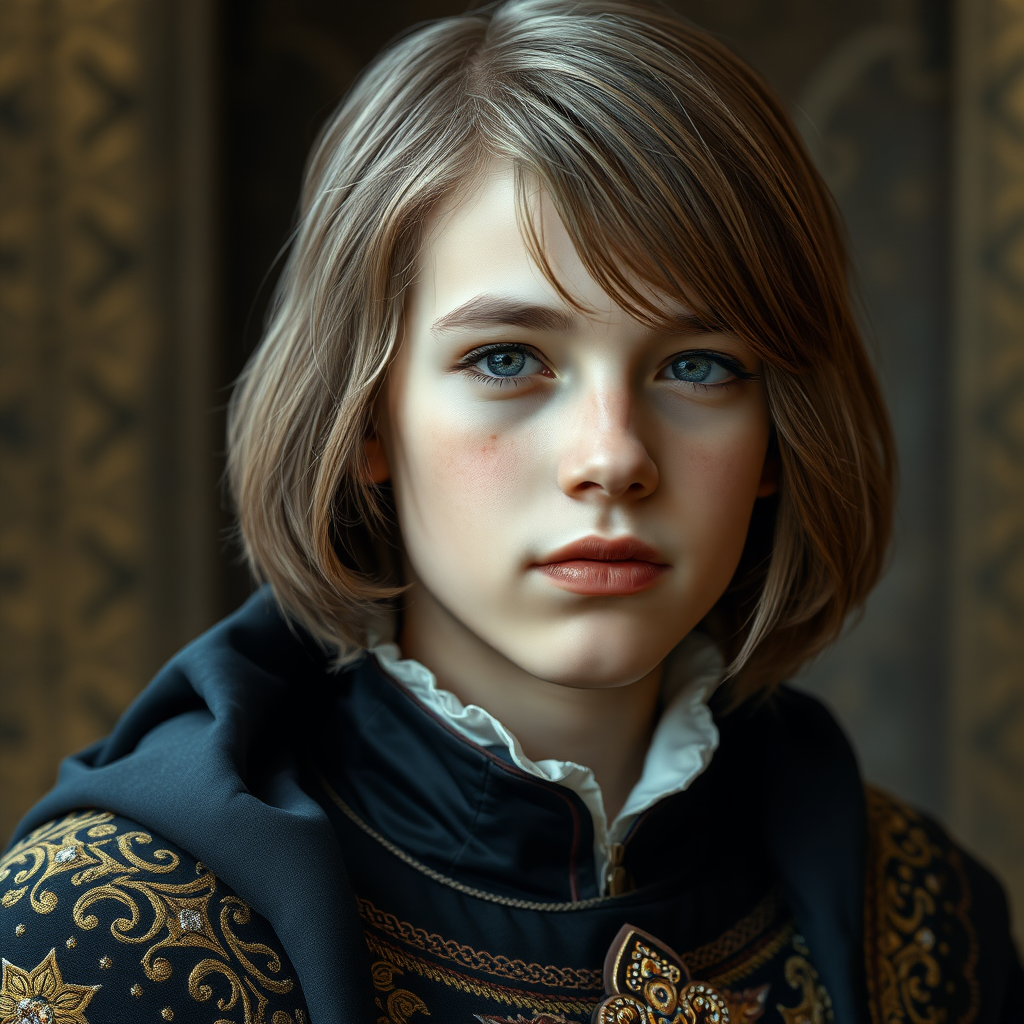 16yo teen boy prince, long bob cut, embroidered with gold and diamonds medieval cloths. photorealistic, ultra high resolution, 16K,