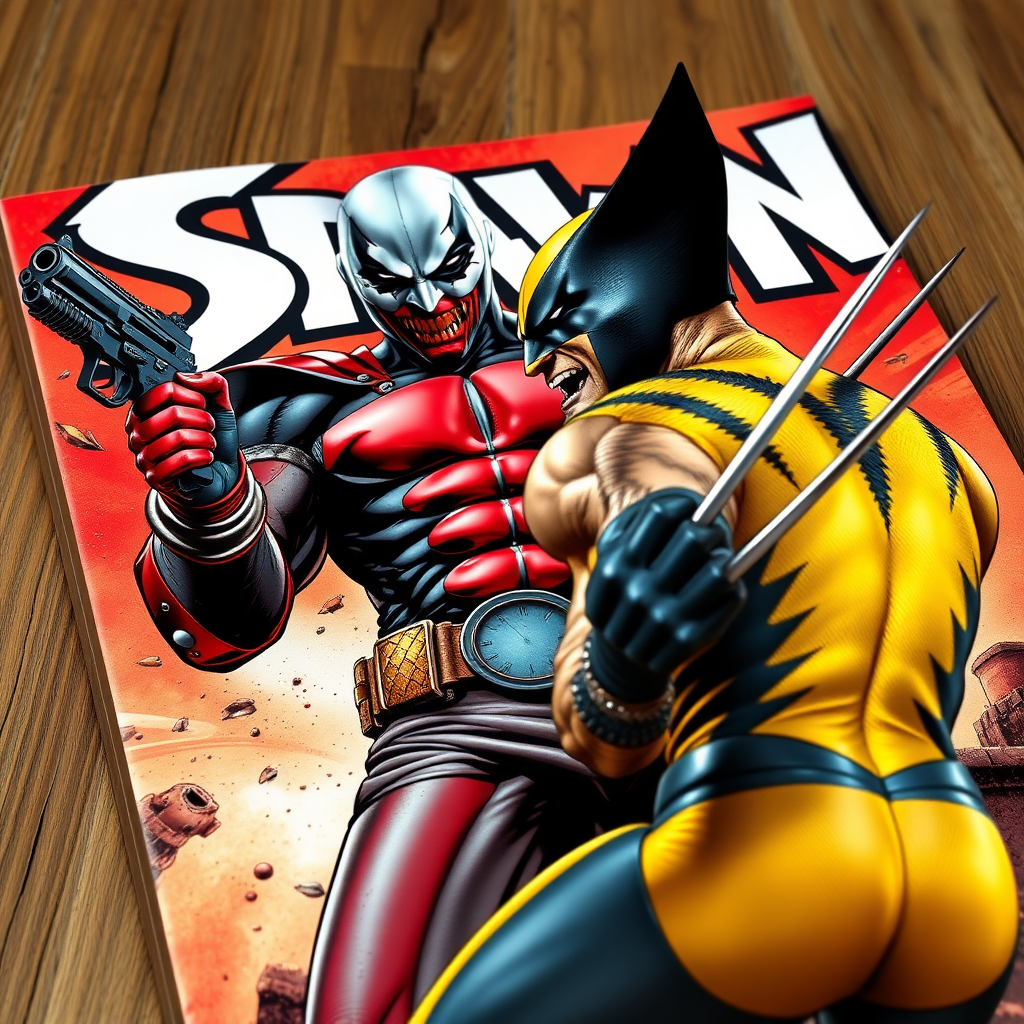 On a comic book cover is Spawn holding a gun Vs Wolverine in Cinematic Real3d photo-realistic quality.