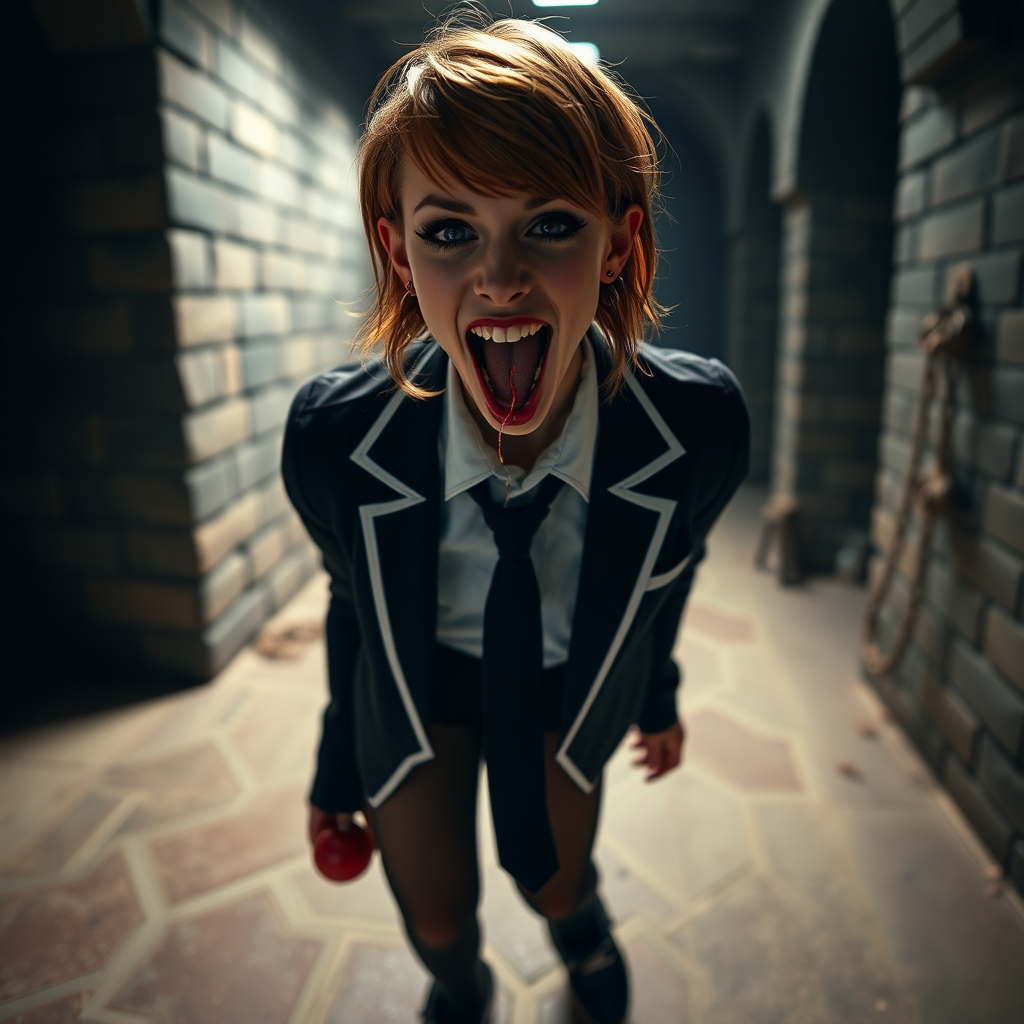 photorealistic, ultra high resolution, 16K, surreal fantasy, soft studio lighting, Tyler Swift is a pretty 18 year old goth male, slim male physique, auburn hair, goth makeup, earrings, shiny black pantyhose, school uniform shirt tie and blazer, Mary-Jane shoes, spiky neck collar chain and leash, red ball-gag, in a dungeon, the end of the leash is chained to the wall, in daylight, excited open mouth smile, drooling a stream of saliva, facing the camera.