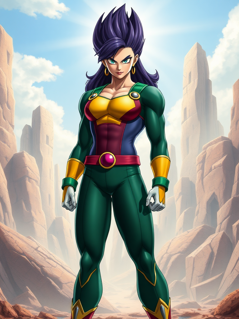 Create a full-length rendered image featuring Rogue from Marvel Comics, utilizing the muscular male figure of Vegeta from Dragon Ball for the body. Retain Rogue’s original head, hairstyle, and distinctive facial features to maintain her recognizable character. Adapt Rogue’s classic costume, integrating elements and embellishments inspired by Vegeta’s iconic outfit, ensuring the attire fits the new proportions of Vegeta’s body. The background should artistically blend significant visuals from both characters’ universes, creating an engaging and dynamic setting that reflects their unique powers and aesthetics, showcasing a moment where strength and sass converge in a striking visual narrative.