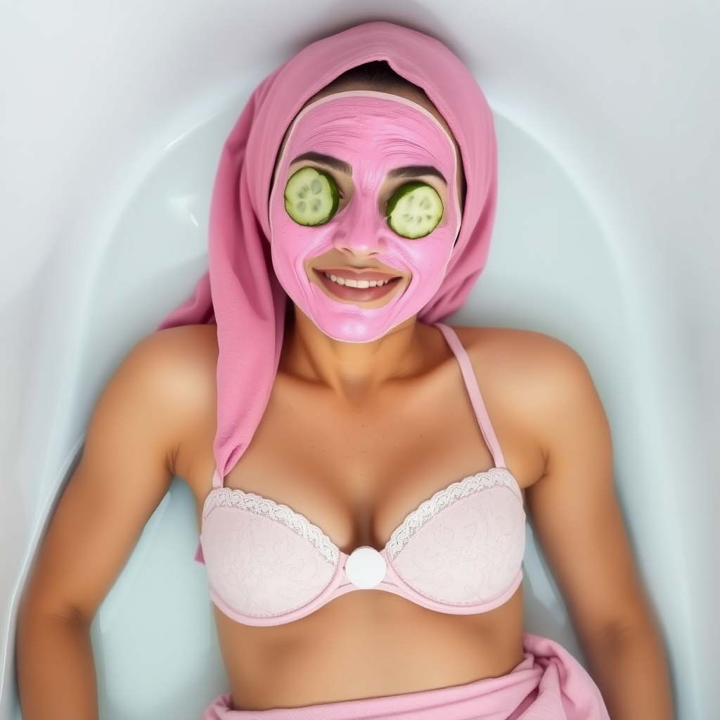 A skinny, traditional, 30 year old Indian wife with hijab, wearing a bra and skirt, lying in a bath tub. Her face is covered with pink face mask, and her eyes are covered with cucumber slices. She looks satisfied from her facial expression.