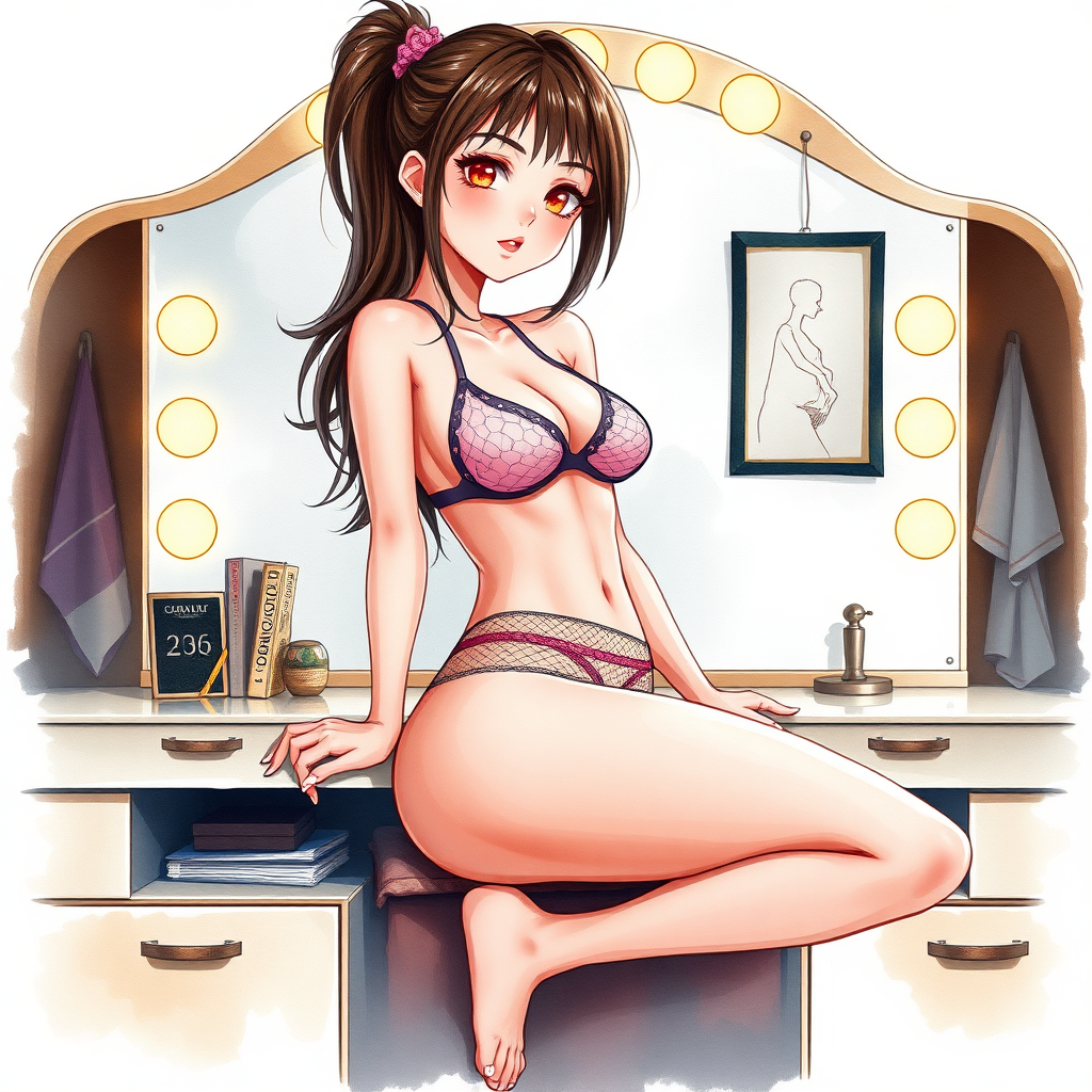 digital watercolor painting illustration with realistic paper texture, depicting western anime cartoon style sexy cartoon girl in revealing micro mesh bikini gstring thong sitting on built in vanity with knees parted to reveal panties