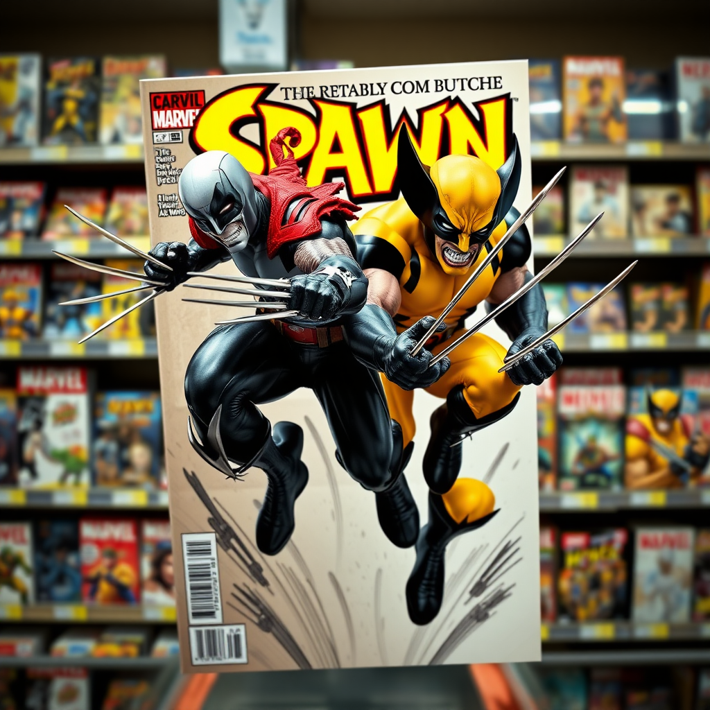 Jumping out of a Comic book cover on a store shelf is Spawn and Wolverine with his perfectly razor sharp claws in Cinematic Real3D photo-realistic quality.