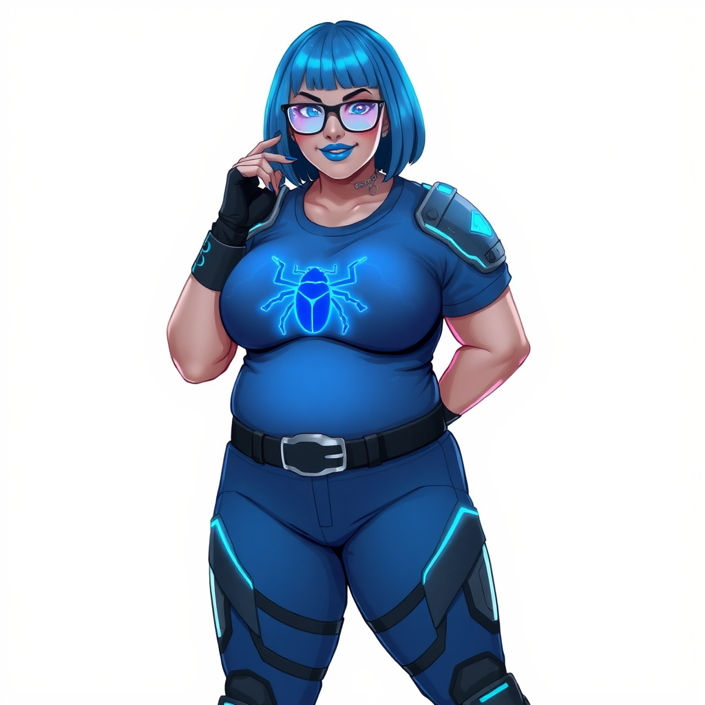 A 28-year-old, full-figured, metallic light neutral gray (N7) skinned computer program hybrid with a maximum blue bob cut. She has a non-athletic build, highlighted by a prominent, round, large midsection (with full emphasis on her large belly), which shows the effects of her love of junk food acquired from her boyfriend. As the full-figured, nerdy, digital sidekick to her cyberpunk vigilante boyfriend, her metallic light neutral gray skin and maximum blue lipstick (5PB 5/12) emphasize her digital nature. Her skin has a subtle, animated glow, with digital patterns occasionally flickering across it, making her digital nature obvious. She wears a digital, computerized costume, consisting of a huge, tight-fitting, maximum blue t-shirt (5PB 5/12) with a neon blue glowing chest icon of a beetle, hi-tech shoulder pads with neon blue accents, a black hi-tech belt with a digital neon blue glowing buckle, digital maximum blue biker pants (5PB 5/12) with neon blue accents, and black hi-tech fingerless biker gloves with neon blue glowing accents. Her neon blue glowing eyes, black eyeglasses with neon blue glowing lenses equipped with a built-in HUD, and bashful smile with neon red blush accentuate her nerdiness. She stands bashfully with one hand behind her back and the other hand gently touching her cheek, her costume covering all her skin and fully emphasizing her full-figured physique (especially her large belly). She is clearly non-athletic, with a full focus on her full-figured physique. Despite her build, she radiates beauty. She has a slim face compared to her physique, accentuating her radiant beauty. She is on a solid white background. She is drawn as if she were in a retro 2D cyberpunk fighting game.