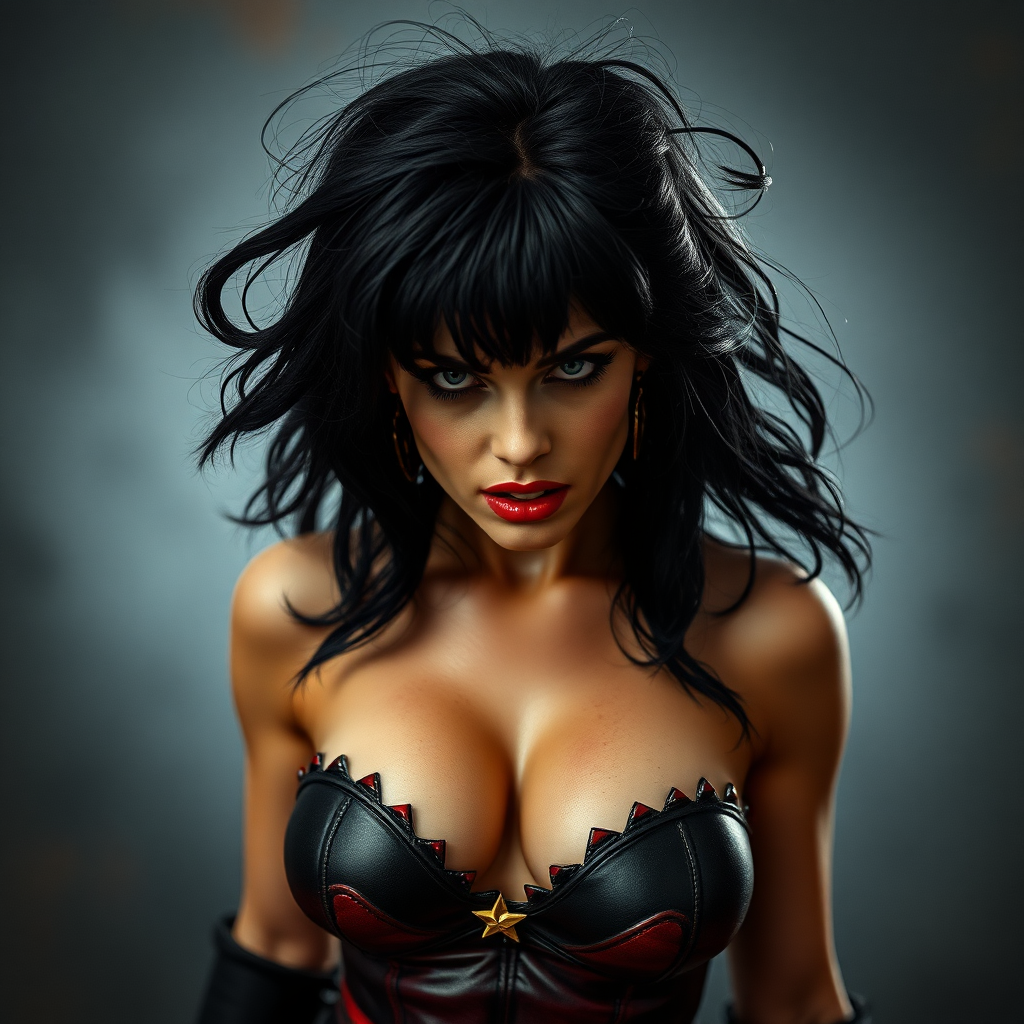 Vampirella looking angry. Her bodice is torn and her hair is a mess. DSLR