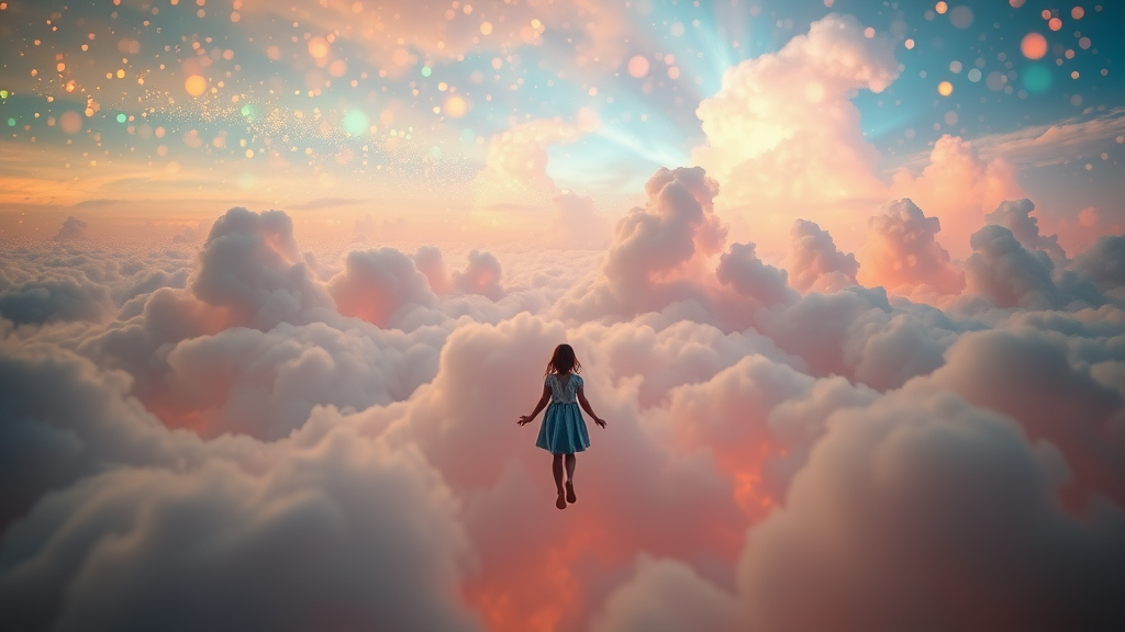 mandelbulb clouds, microscopy, Low Key Lighting, dreamscape, nebula, Bokeh, abstract, brilliant colors, glittering, translucent, iridescent, glowing, artistic photo, panoramic, airy, original, experimental, fractal, generative art, calm, preteen girl floating in the distance, cinematic shot