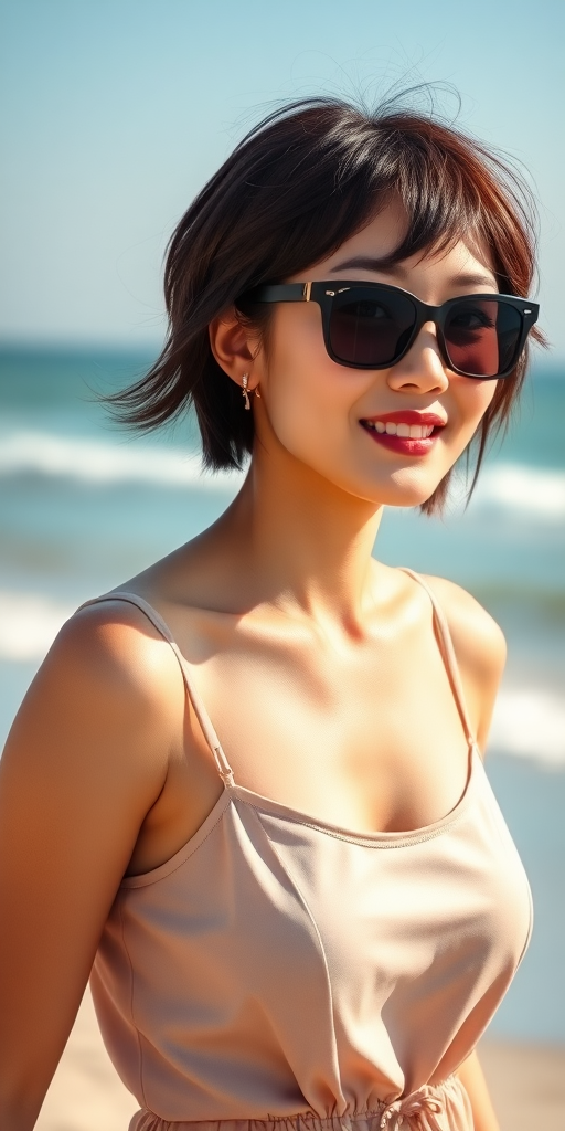 A beautiful Chinese girl, wearing sunglasses, with short hair, gentle and kind, slightly plump, with full thighs, a full bottom, and small breasts, in the sunshine, on the beach, by the sea, wearing a dress, walking on the sand.