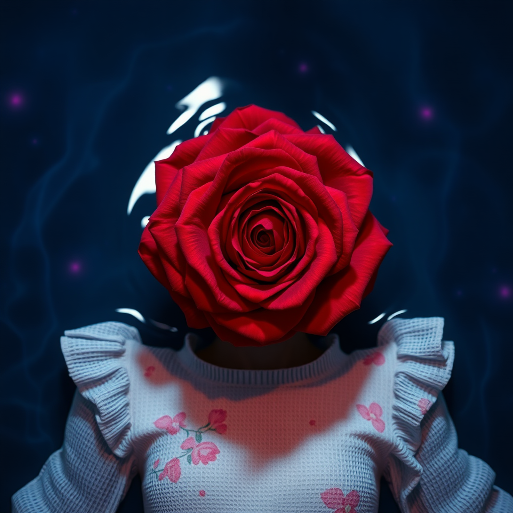 A red rose bouquet head, no human, front view, wearing a white textured dress with pastel minimal floral print design, closeup shot, hyperrealistic, lying inside water with blue and pink effect, nighttime, dark