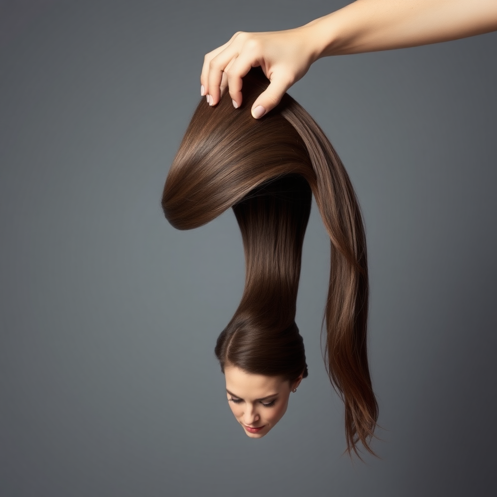 A surreal image of the beautiful disembodied head of a very long haired Kate Middleton. A hand is grasping the ends of her hair at the top of the frame while her head is hanging down from the other end. Plain gray background.