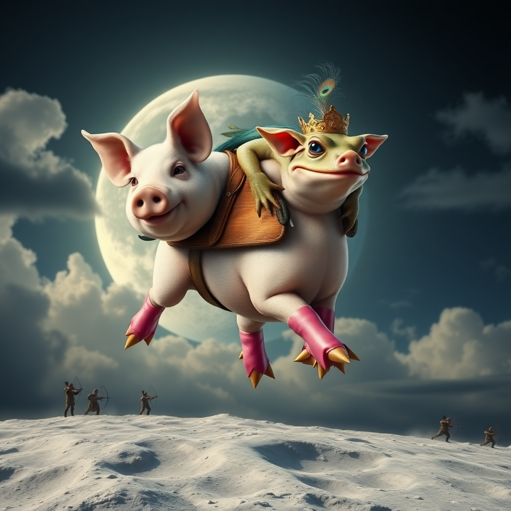 photorealistic pig with a wooden saddle galloping in the cloudy sky above the moon surface, the pig is mounted by a toad with blue eyes and a crown made of peacock feathers, the toad looks angrily and shows canine teeth, the pig smiles stupidly, the toad wears pink riding boots with spurs that pierce the pig's skin, on the moon's surface in the distance there are small humans with bows and arrows aiming at the pig