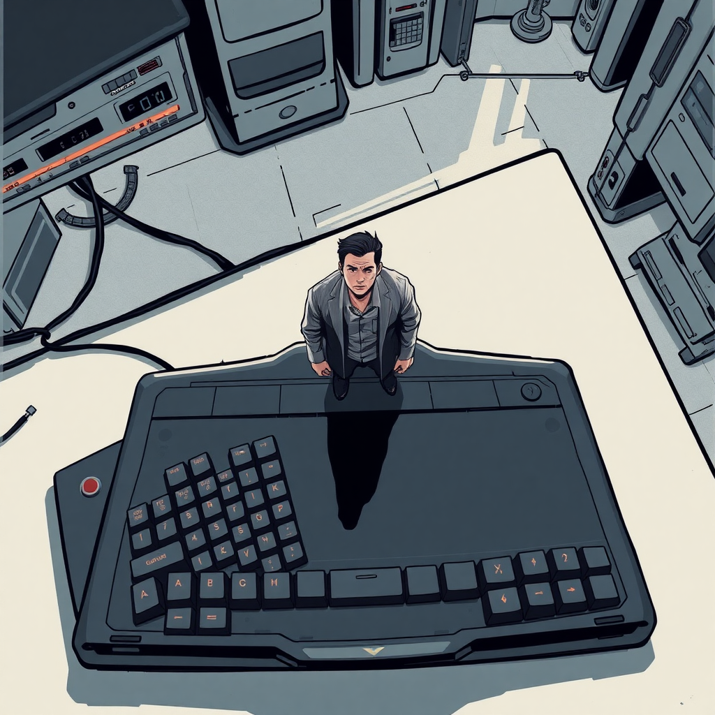 Stylized sci-fi digital drawing. High view angle. Small man standing on table near a futuristic keyboard that looks huge compared to him. Looking up at the viewer with arrogance.