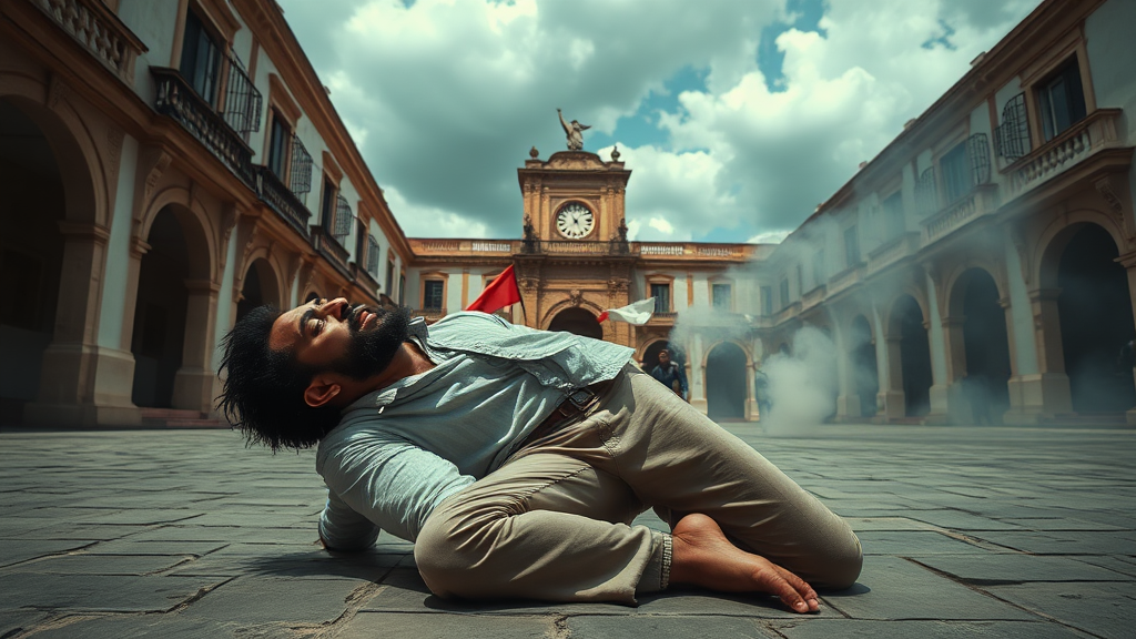 Miguel collapsing to his knees in an open courtyard, his face contorted in anguish as ghostly voices scream for freedom and justice.