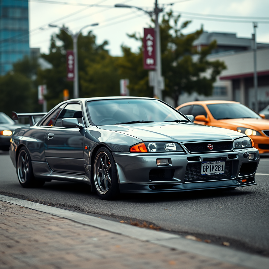 The car is parked on the side of the road, inspired by Taiyō Matsumoto, tumblr, restomod, nd4, c4 metallic shine gray black nissan skyline r34 kalabalik tokyo gece arkaplan