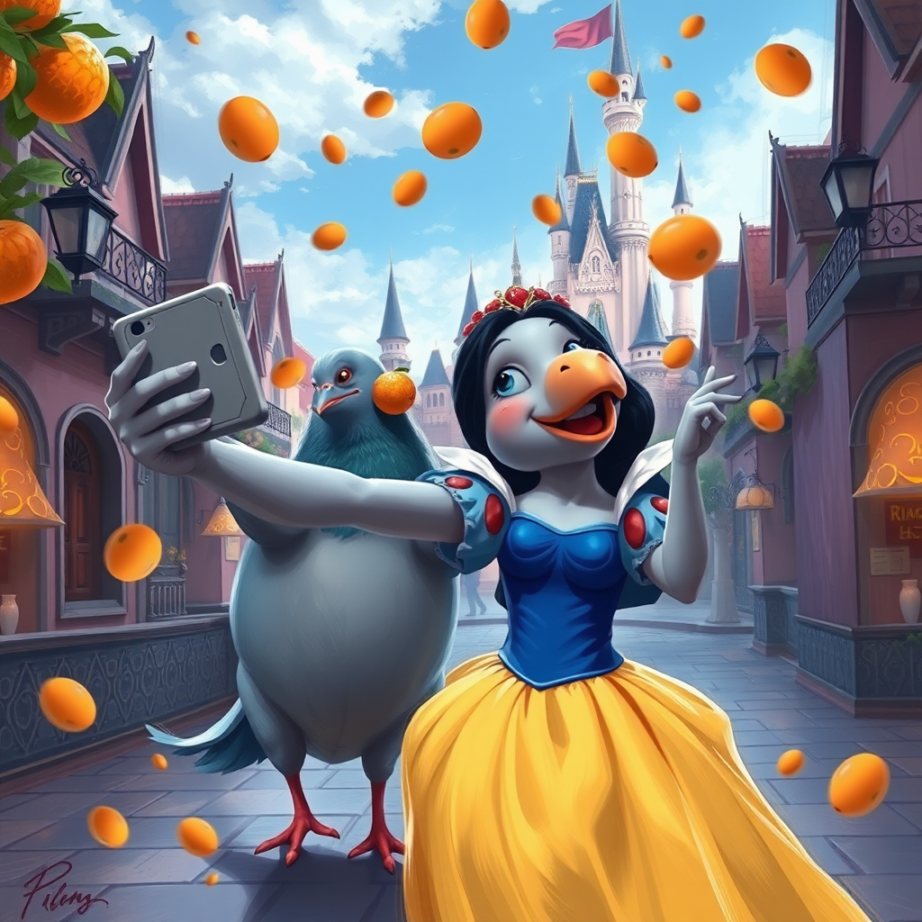 digital painting of a pigeon snow white princess taking a selfie in disneyland, a hippo-ariel dancing, oranges falling from the sky