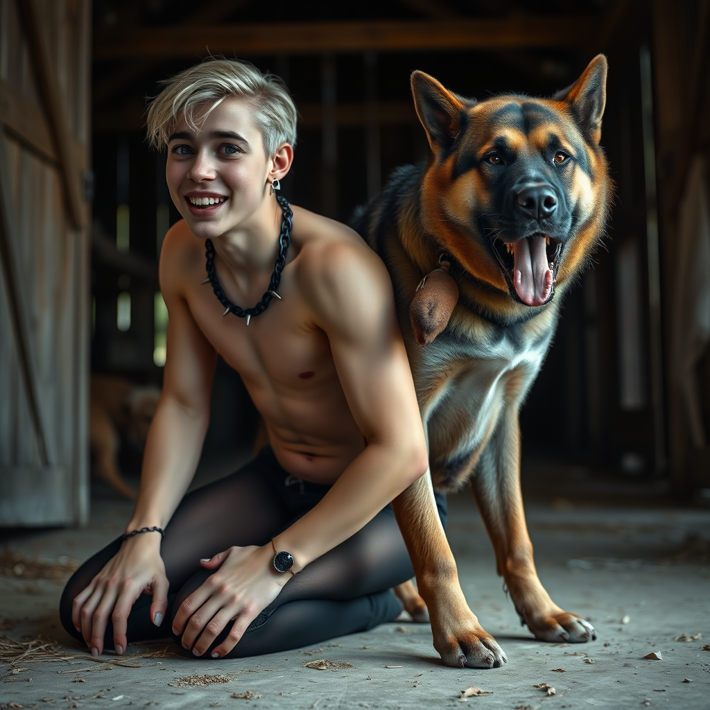 photorealistic, ultra high resolution, 16K, surreal fantasy, soft studio lighting, Caleb Swift is a pretty 16 year old goth male , slim male physique, blonde hair, blue eyes,  goth makeup,  earrings,  sheer black pantyhose, spikey neck collar with chain,  kneeling and leaning forward on the floor of the barn  while his large dog rests its front legs on Caleb's back,  during daytime, excited open mouth smile, small black ball-gag, drooling a stream of saliva from his mouth, bulging crotch, full body in wide view from side with Caleb facing the camera.