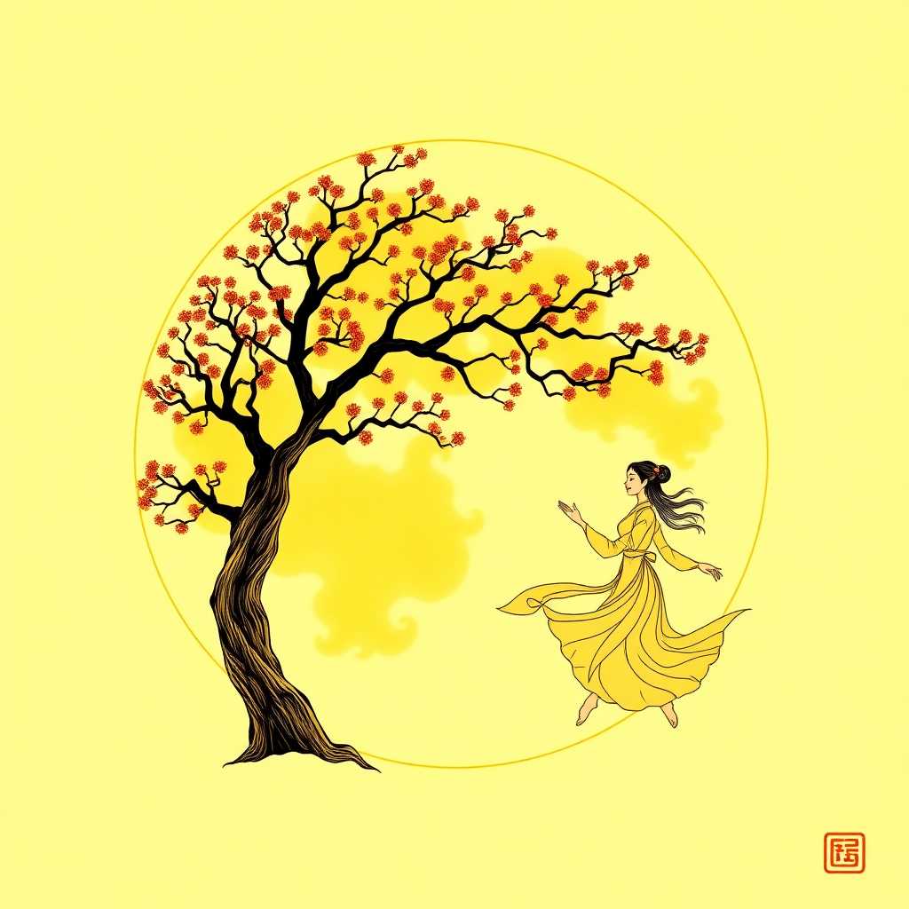 Draw a golden yellow moon, with a light yellow background. Inside the moon, there is a tall osmanthus tree, a talking jade rabbit, and Chang'e sister in a beautiful gauze skirt dancing.