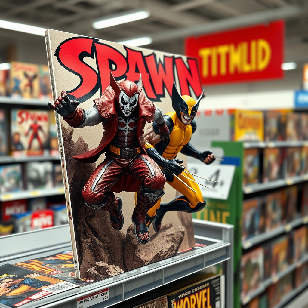 Jumping out of a Comic book cover on a store shelf is Spawn and Wolverine in Cinematic Real3D photo-realistic quality.