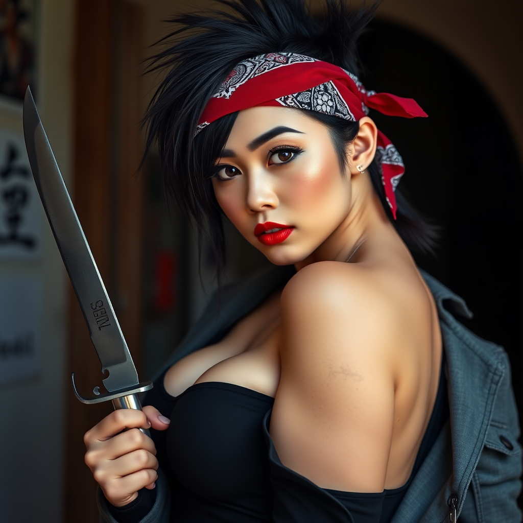 realistic photograph, sexy bandit girl, spiky hair, bandana, holding knife, Japanese-Brazilian mixed race, open jacket revealing cleavage, beautiful face, captivating eyes, large breasts, arched back pose, voluptuous, curvy