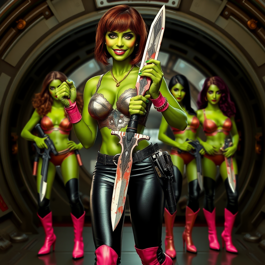 Tall, beautiful green skinned woman. Her brown hair is in a shag-cut style. Her eyes are gold. She is dressed in an ornate metal bra. She is wearing black leather pants, with pink knee high boots. She is holding a large, bloody dagger in a threatening manner. She is smiling. A sci-fi looking gun is holstered at her hip. Four other green-skinned woman, dressed in metal bikinis, each carrying a weapon, stand with her. They are at a sci-fi looking space-port.