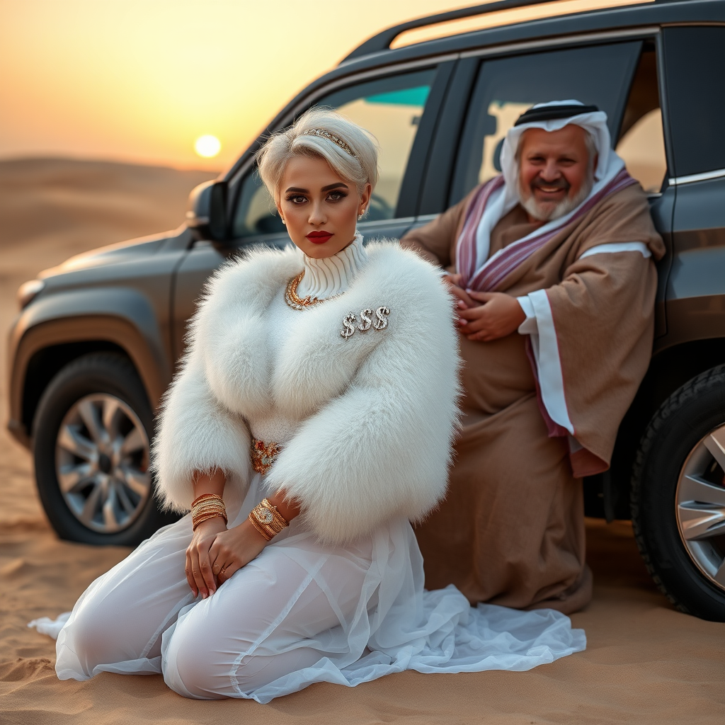 Kuwait desert dunes misty dawn, full size luxury SUV: Melissa, European 17 years old very convincing femboy “trophy-bimbo”, tamed servile docile, very beautiful feminine flawless face, rather short, by hormones very curvaceous womanly figured, platinum blond short tight curls, bold red lips, heavily made-up face, wearing Supertanya-style fluffy very fuzzy bright white angora turtleneck-poncho cropped ending under bust decorated with pearls and gemstones, striking oriental wide gold bridal protection belt, white fully transparent harem pants, full Oriental bridal jewelry with striking headpiece, full Oriental face-jewelry, striking diamond “$$$” letter brooch on left chest, pout frustrated, hands tied behind back, kneeling in sand in front of SUV, looking at camera. Focus on face and turtleneck-poncho. Sitting next embracing Melissa: older overweight mighty sheik laughing.