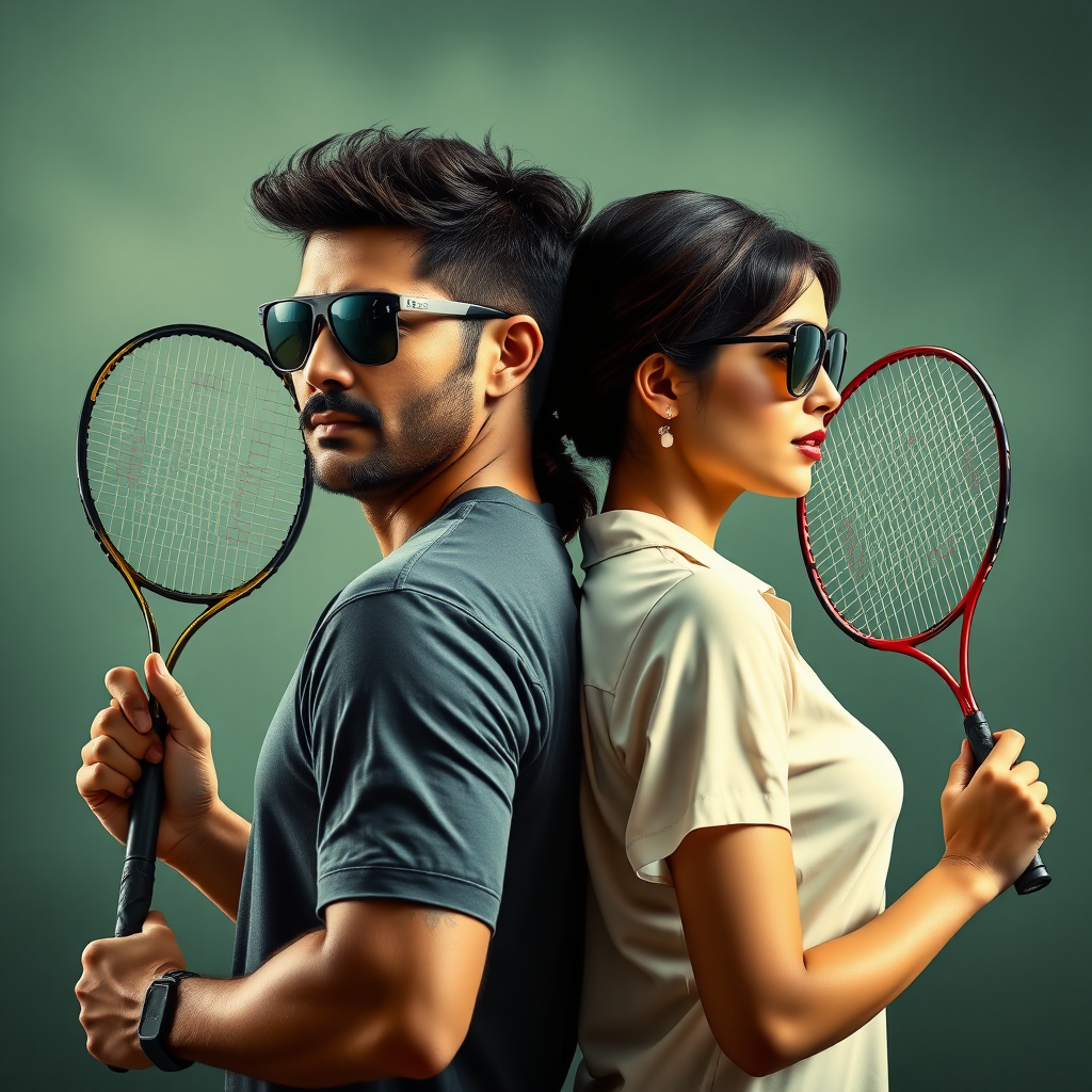 A man and a woman back to back, both wearing sunglasses, both holding badminton racquets, sports, epic movie poster, perfect, masterpiece, dramatic, bollywood,