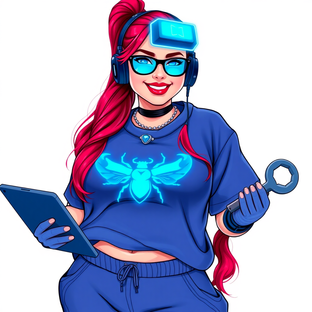 A cyberpunk vigilante’s full-figured intelligent and tech-savvy 29-year-old girlfriend, who is a computer hacker and tech genius. She has a long ruby red ponytail and bright blue eyes. She wears a sapphire beetle gemstone necklace, an oversized Maximum Blue (RGB 71, 171, 204) t-shirt featuring a neon blue glowing chest icon of a winged beetle, and matching Maximum Blue (RGB 71, 171, 204) sweatpants. She has a full-figured physique with a prominent, gargantuan, well-rounded midsection, reflecting her well-cared-for lifestyle. Her midsection is heavily emphasized. She sports a sapphire headset with a hi-tech sapphire lensed HUD visor, Maximum Blue (RGB 71, 171, 204) lipstick, black eyeglasses, and a beaming smile with a passionate bright red blush. Despite her figure and a lack of self-esteem, she radiates an air of beauty. She has an angular face which contributes to her radiant beauty. She serves as his tech expert from his hideout, holding a holographic tablet and a hi-tech tool wrench. The background is solid white. She is drawn as if she was in a retro 2D cyberpunk fighting game. Make sure her outfit covers her midsection.