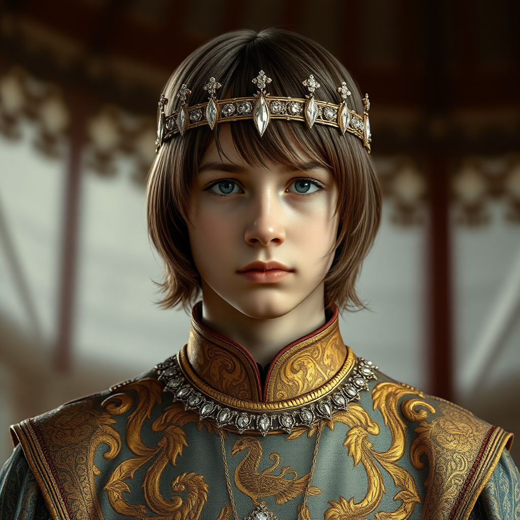 16yo teen boy prince, long bob cut, embroidered with gold and diamonds medieval cloths, diamond diadem, and Beautiful War. Free style by FLUX photorealistic, ultra high resolution, 16K,