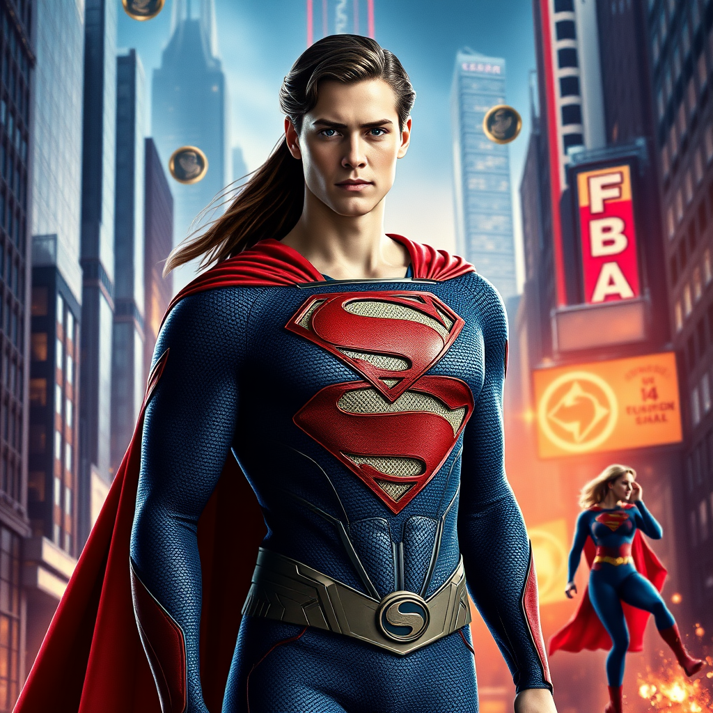 Generate a full-length image of Superman using the female figure of Elastigirl. Keep Superman's head intact, preserving his hairstyle and facial features. Retain Superman's classic costume, adding stylish embellishments from Elastigirl's outfit, altering them to fit the new proportions. Create a dynamic background inspired by the iconic settings of both characters, blending the futuristic Metropolis and Elastigirl's vibrant action scenes.