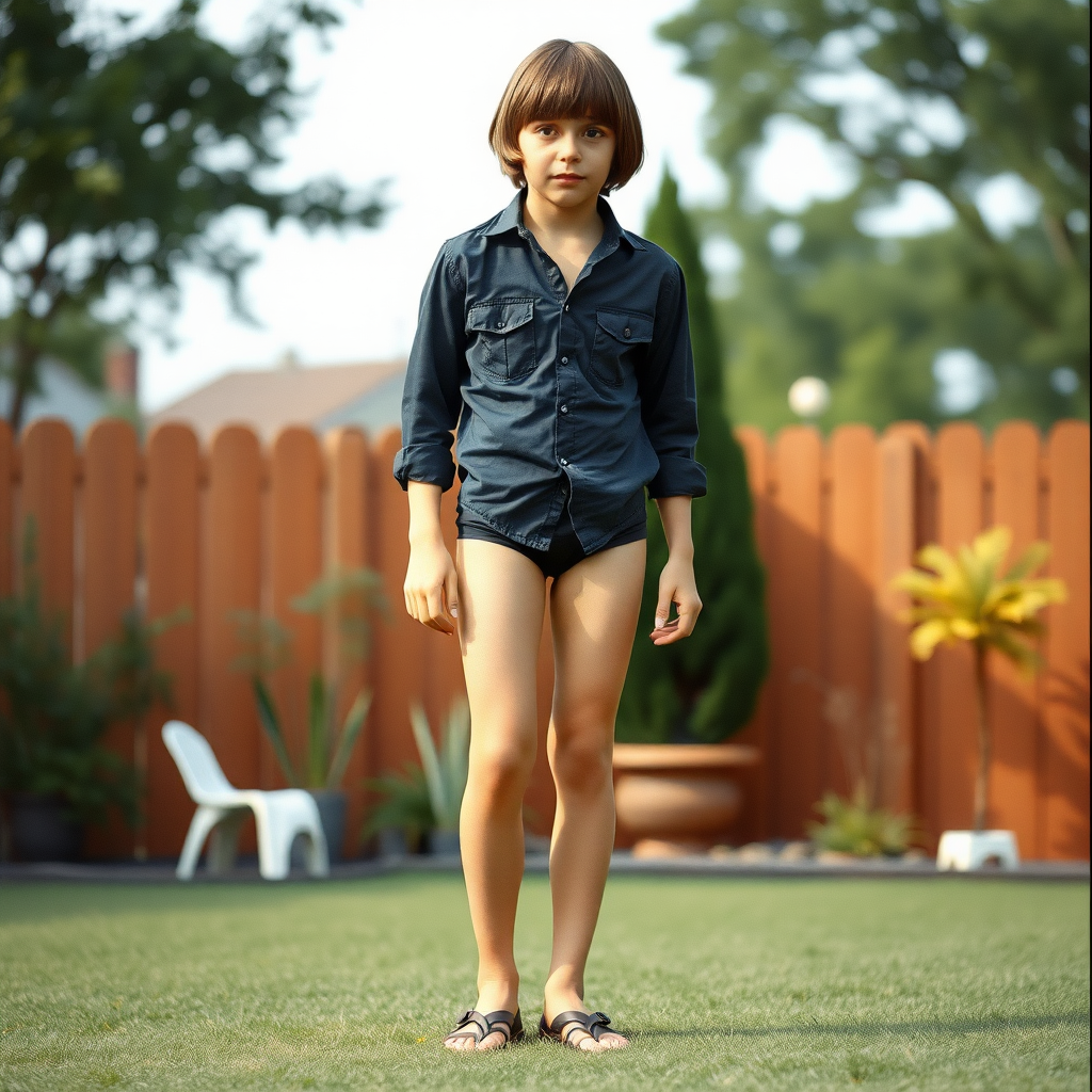 tall 14yo teen boy, long hair bob cut, wearing shirt and very tight booty shorts, long legs, narrow thighs, full-length front view. 1970s. Playing at backyard. photorealistic, ultra high resolution, 16K, Negative: grainy, blurry, bad anatomy, extra limbs, watermark.