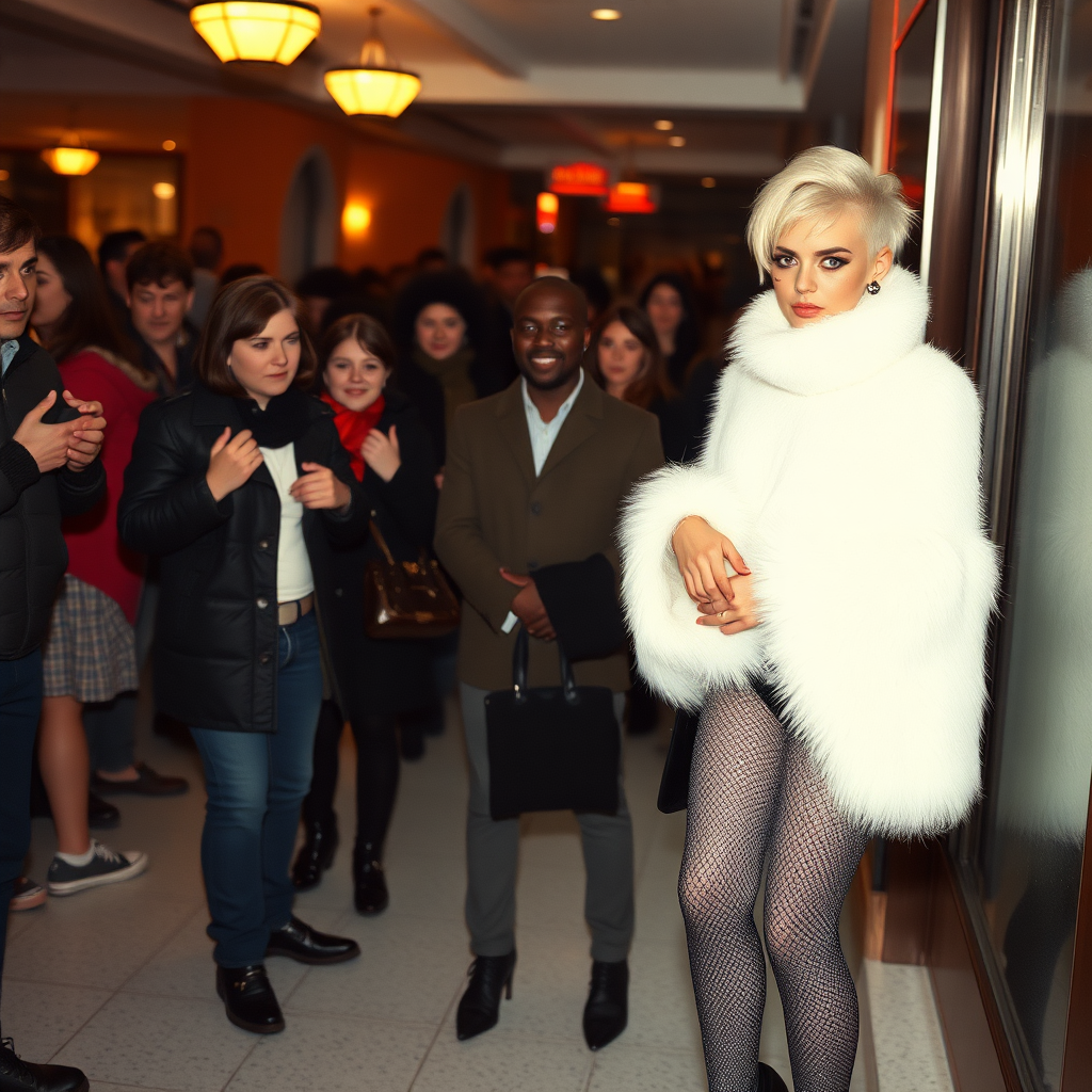 1990 winter evening, crowded cinema lobby: Sam, 19 years old beautiful involuntary femboy, rebellious intractable character, short petite boyish figure, platinum blond boyish rebel punk hairstyle, flawless heavily made-up face with sharp arched tattooed eyebrows, wearing Supertanya-style fluffy very fuzzy bright white angora thigh-length turtleneck-poncho fully covering body and arms, silver-glitter leggings, black leather high-heeled pumps, silver earrings, puzzled alarmed, pout serious, impatiently waiting for her master. Other taller visitors watching laughing taking pictures. Full view of scene.