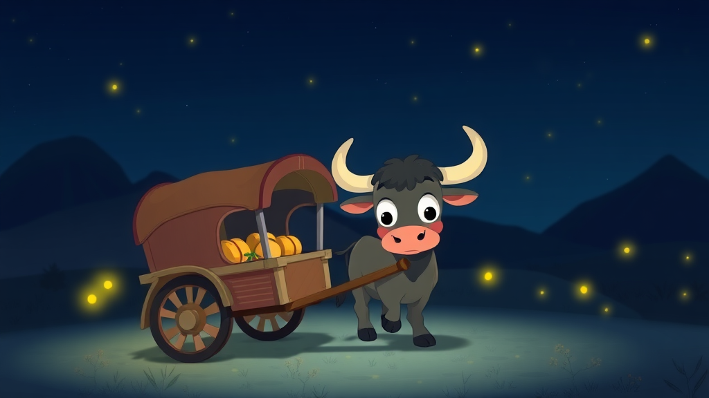 A cute cart and bull at night, with some fireflies around, animation.