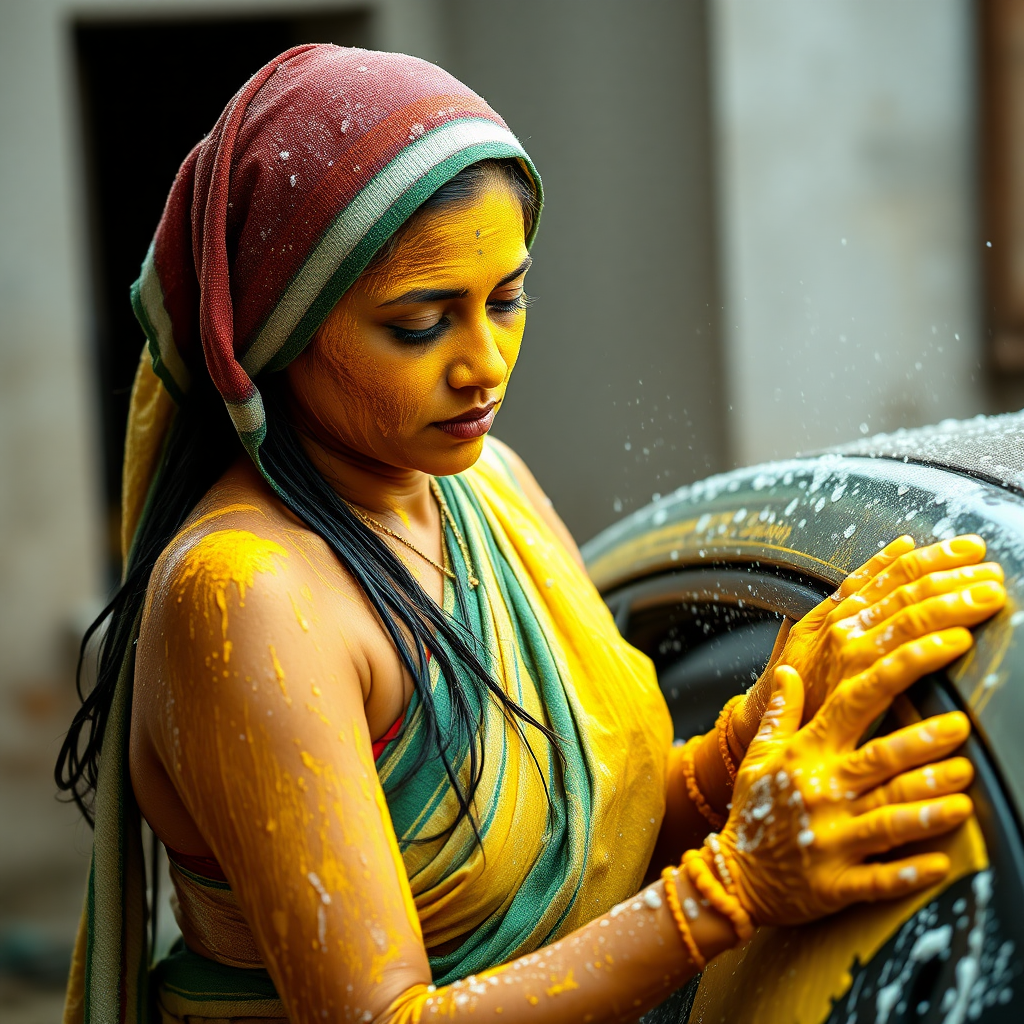 slim, curvy, traditional 30 year old indian maid with hair covering, her face is covered with turmeric mask and body is covered with soap lather. she is washing a car