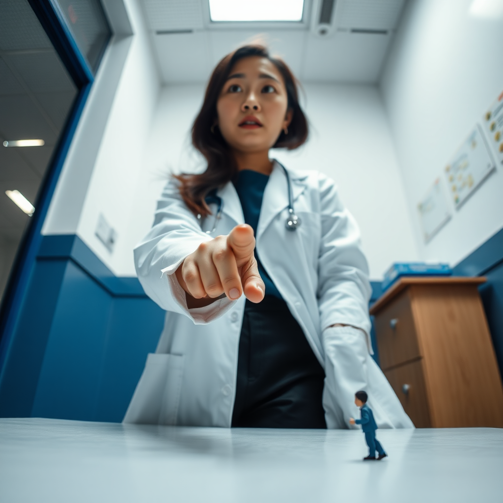 photo low angle POV Korean woman wearing lab coat standing and pointing her finger down toward the table in front of her. she has a surprised look on her face. she looks at a tiny man