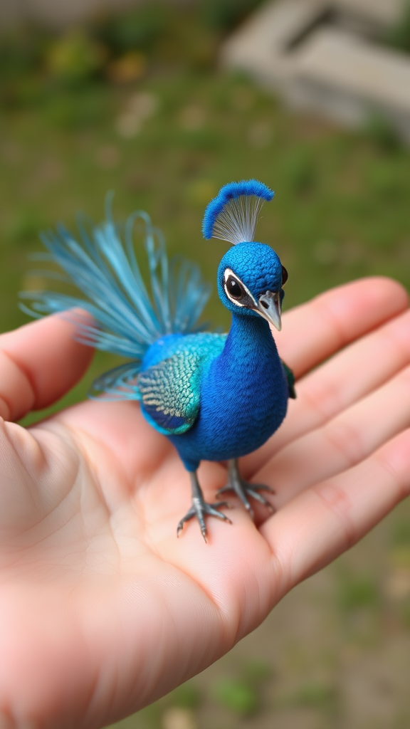 A small tiny cute big eyes big tail real blue dancing peacock on hand