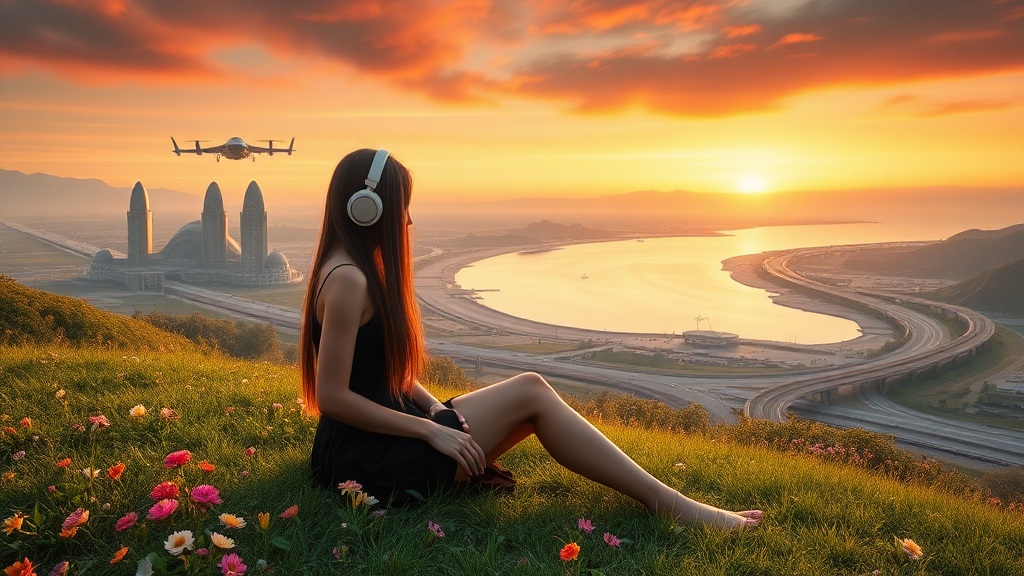 pretty azian woman long hair, pretty short black dress, sit on the grass with flowers, with headphone, alien planet, aliens buildings, with nice greenery flowers and rivers, beach, nice sunset, highways and streets, ultra realistic view high detail