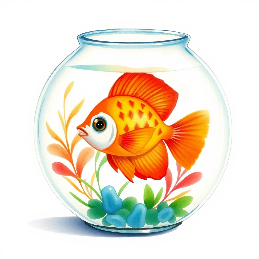 Tight watercolor, glass fishbowl containing tropical fish, white background, few details, dreamy, Studio Chibi