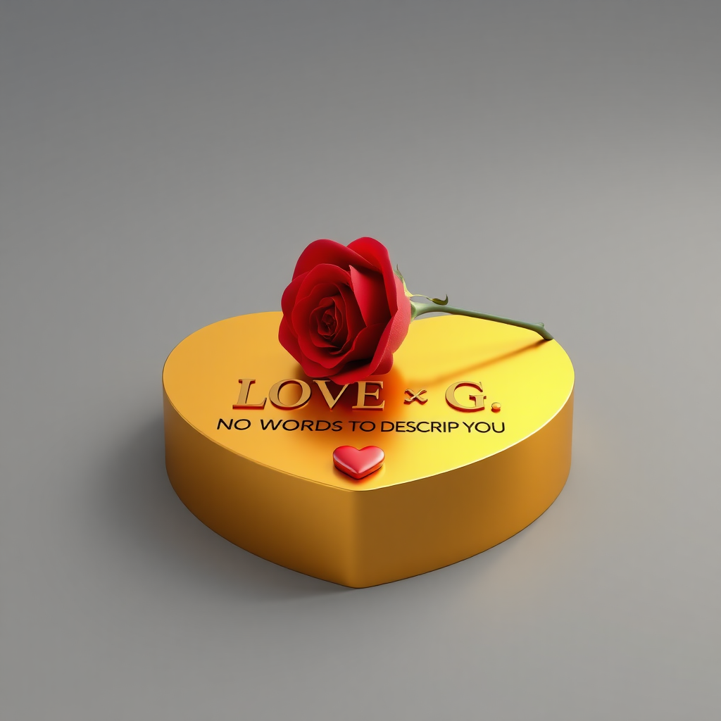 A 3D rendered anime-style medium shot of a red rose delicately resting atop a heart-shaped golden pedestal. The elegant name "LOVE ❤️ G. NO WORDS TO DESCRIBE YOU" is displayed on the pedestal in bold, black gold letters. A small contrasting red heart is placed along the pedestal. The smooth gray gradient background highlights the golden and red colors. The design exudes sophistication and luxury.