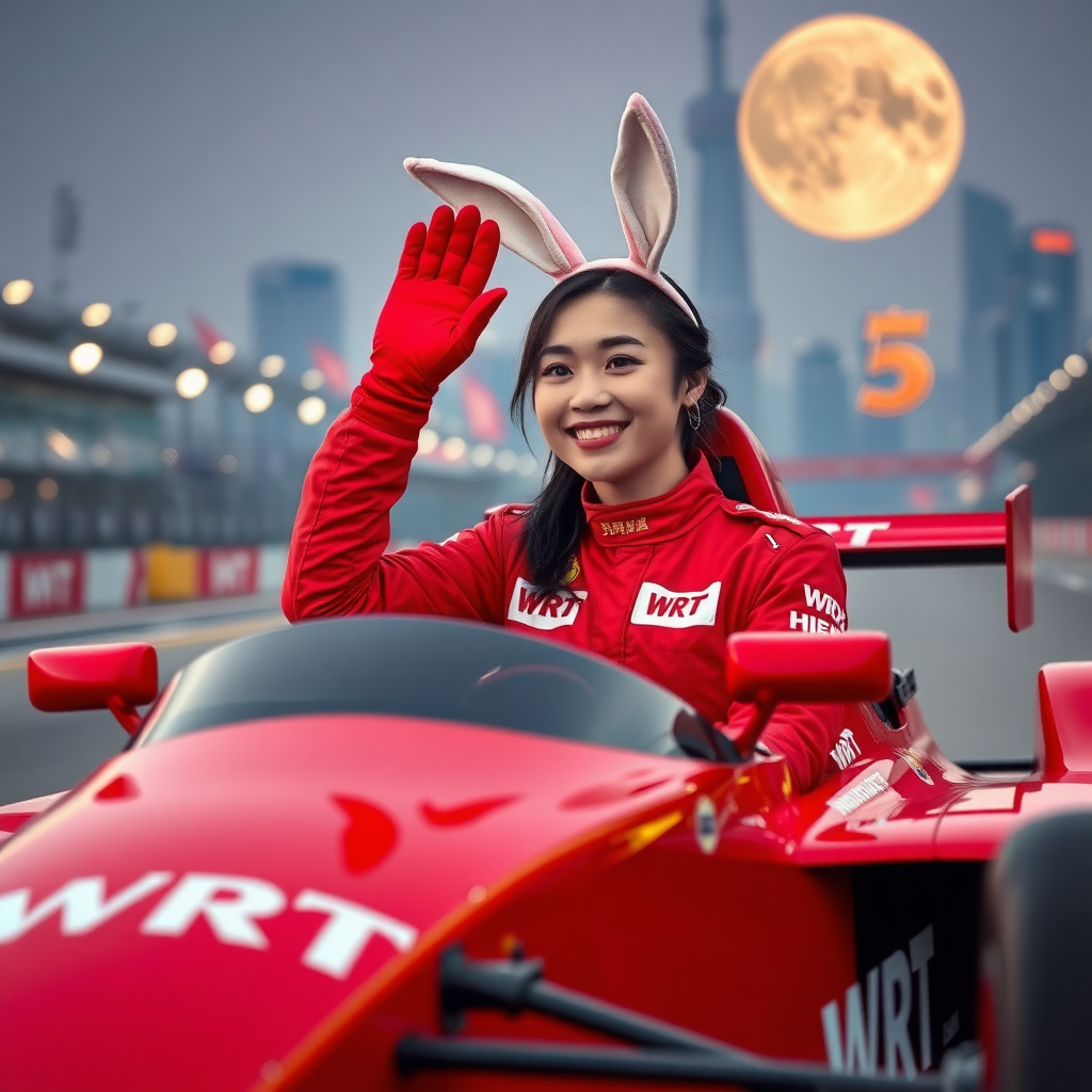 On the racetrack in Shanghai, a red Formula racing car with only "WRT" written on its body is seen. A beautiful Chinese female racer, wearing rabbit ears on her head, is sitting in the car, joyfully smiling and waving her hand, clad in red racing gloves. Her red racing suit also only has "WRT" written on it, with the background featuring the scenery of Shanghai and a huge moon.