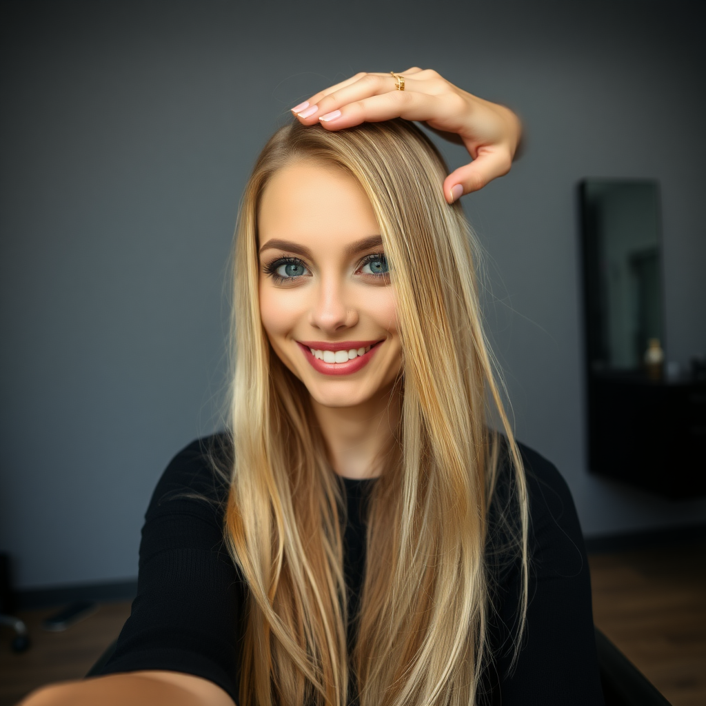 POV, beautiful very long haired blonde woman sitting in a hair salon smiling at the camera while I reach out from behind the camera to massage her scalp. My fingers are in her hair rubbing her scalp while her hair is covering my hands. Plain gray background.