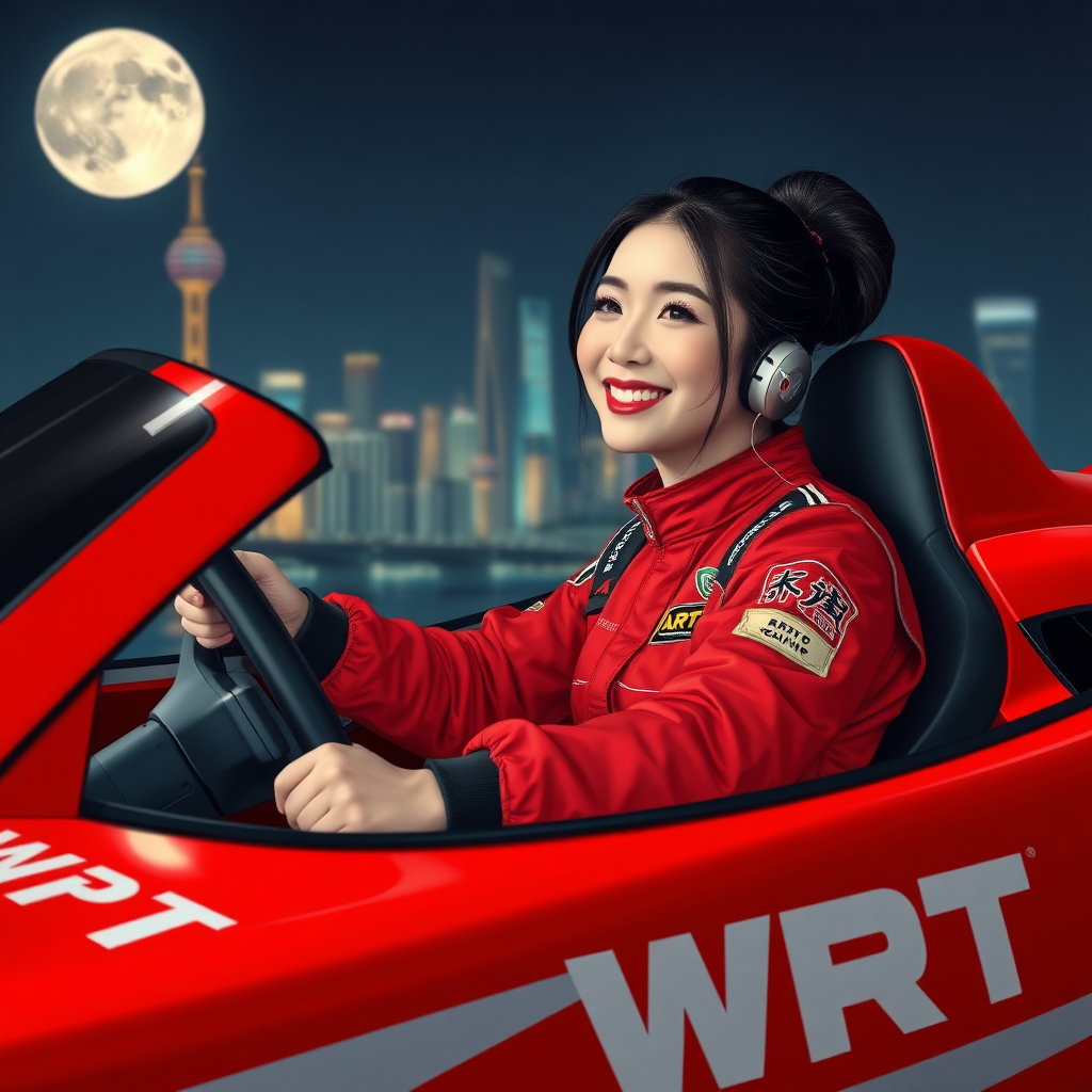 A beautiful Chinese female racer, smiling while driving a red racing car, with "WRT" written only on the car body, and "WRT" also written on her red racing suit. The background features the night scenery of Shanghai and a huge moon.