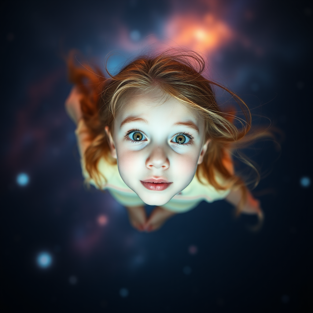 preteen girl floating in space, Low Key Lighting, dreamscape, nebula, Bokeh, abstract, brilliant colors, glittering, translucent, iridescent, natural skin, glowing, artistic photo, wide angle, cute, interesting, microscopy, airy, original, experimental, refraction