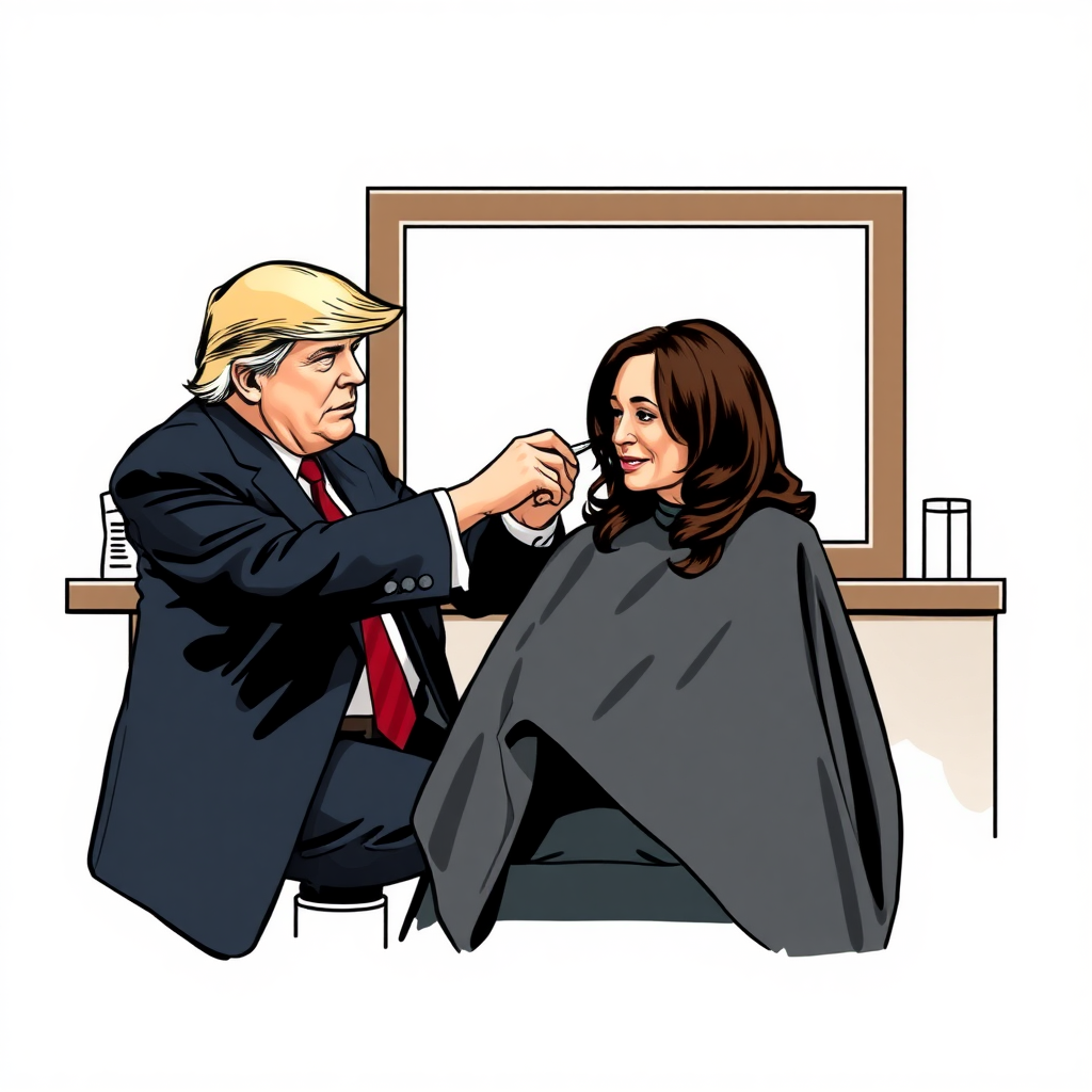 Kamala Harris sitting in a barbershop while Donald Trump cuts her long hair. Plain gray background.