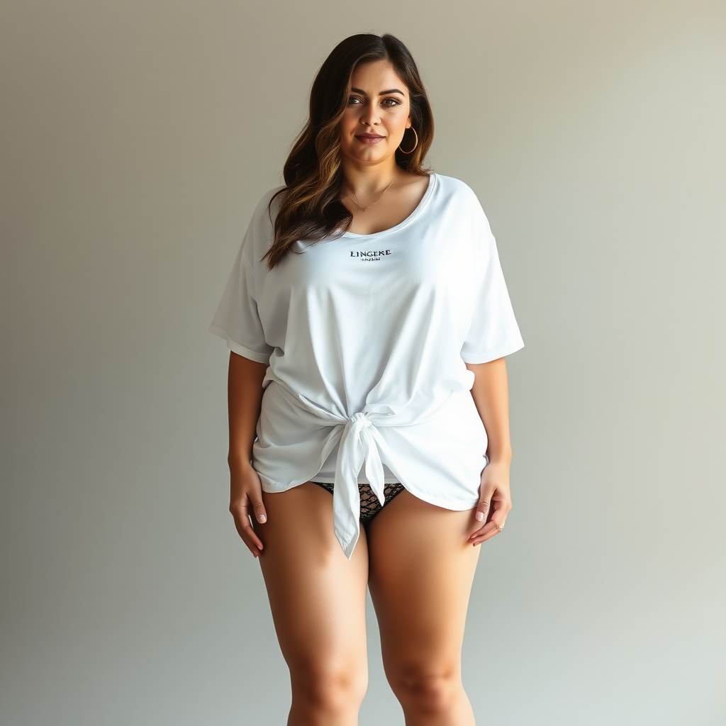 a plus sized lingerie model shown full height - she wearing traditional stockings and a loose white t shirt with a small lingerie brand logo on the front tied at the waist