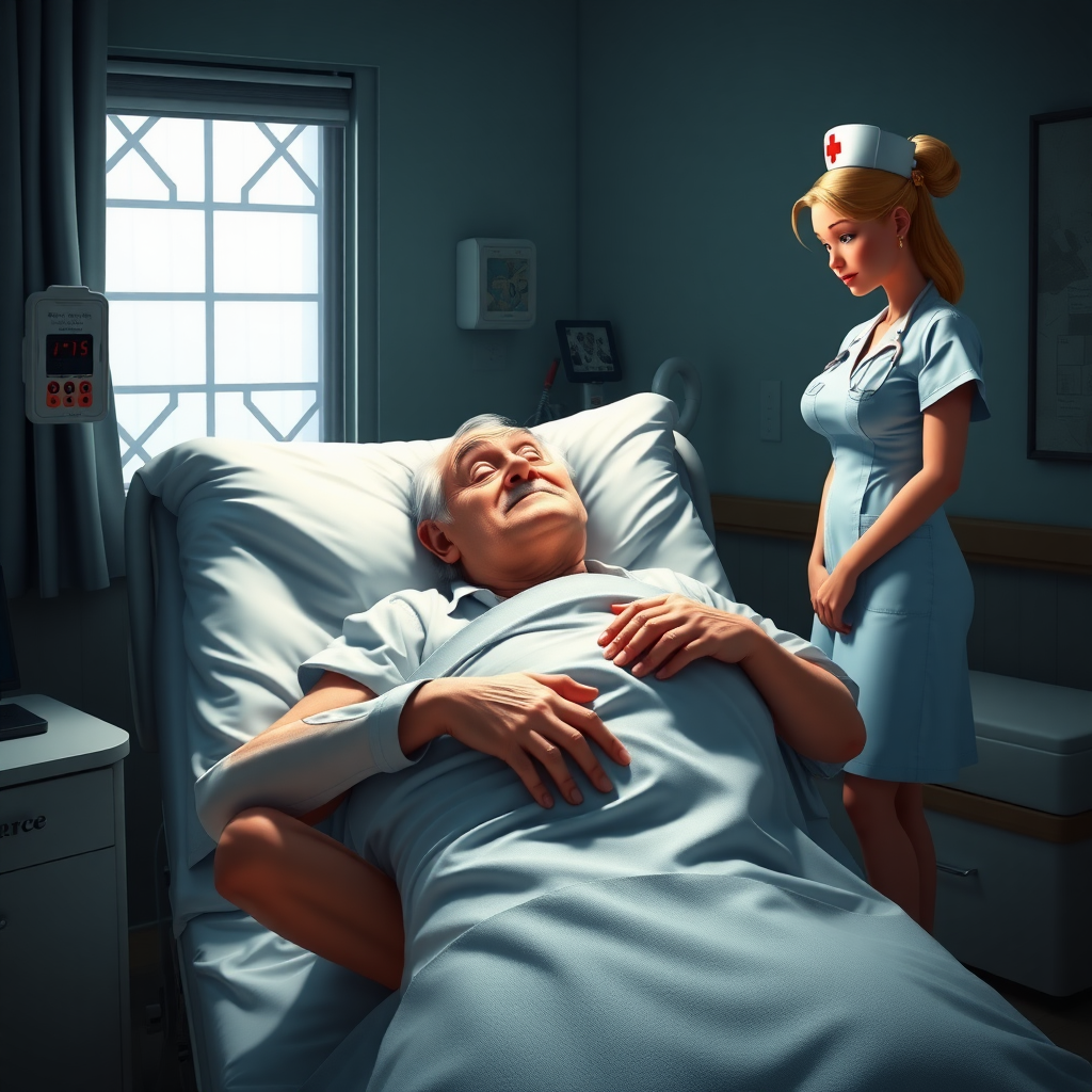 High quality, detailed, Disney 3D style film poster of an old man on a hospital bed with a huge erection under the blanket and a young skinny attractive nurse "impotence"