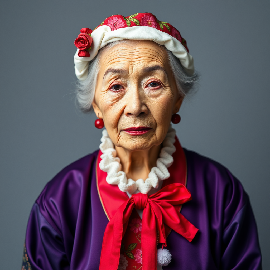 80 age old korean woman, front, woman fancy costumes, photo studio background,